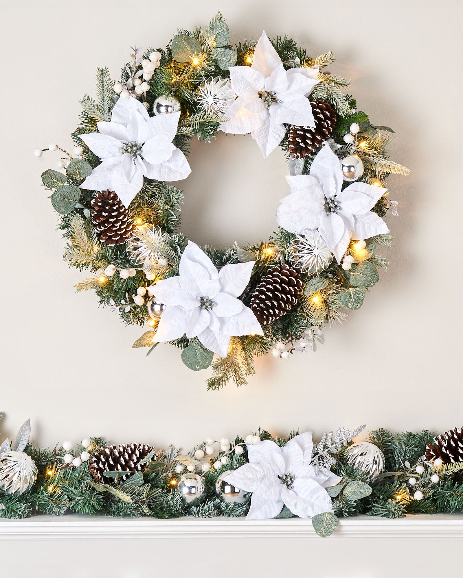 Pre-Lit Decorated Frosted Wreath, White/Silver, 60 cm