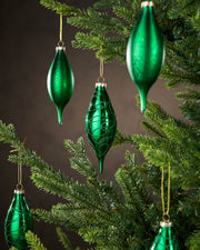 Set of 5 Large Glass Teardrop Baubles, Christmas Green, 15 cm