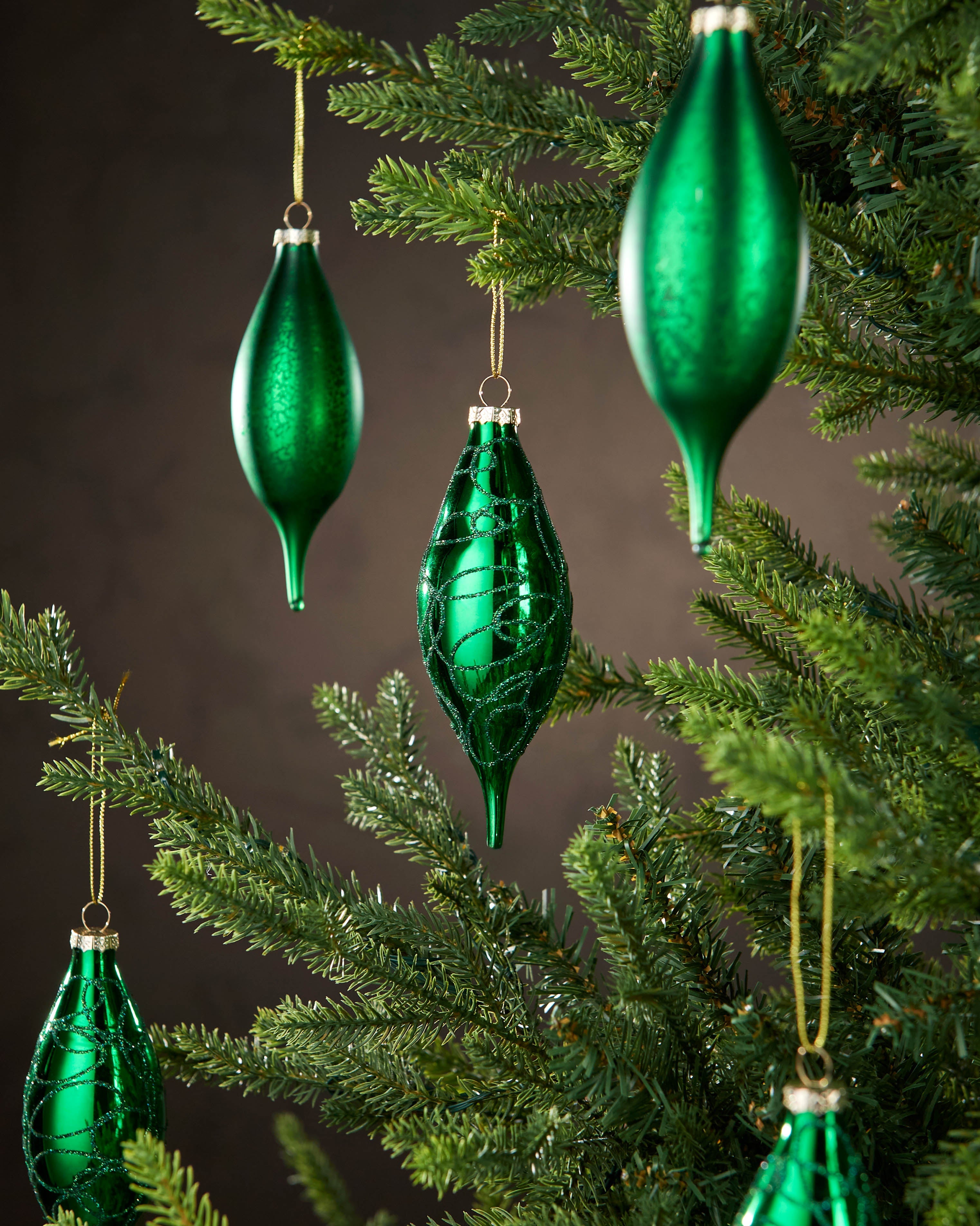 Set of 5 Large Glass Teardrop Baubles, Christmas Green, 15 cm