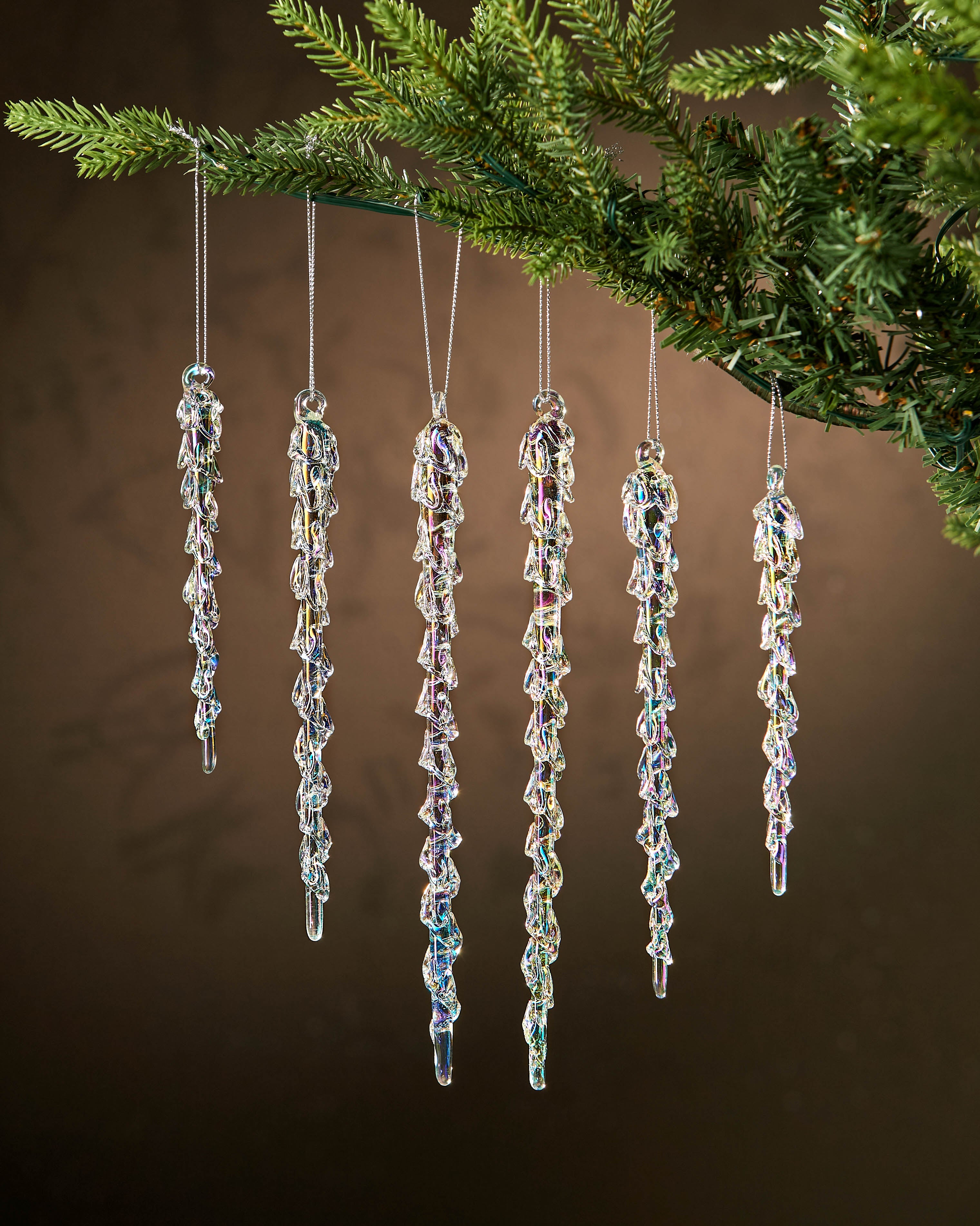 Set of 6 Iridescent Melting Glass Icicles, 25 cm
