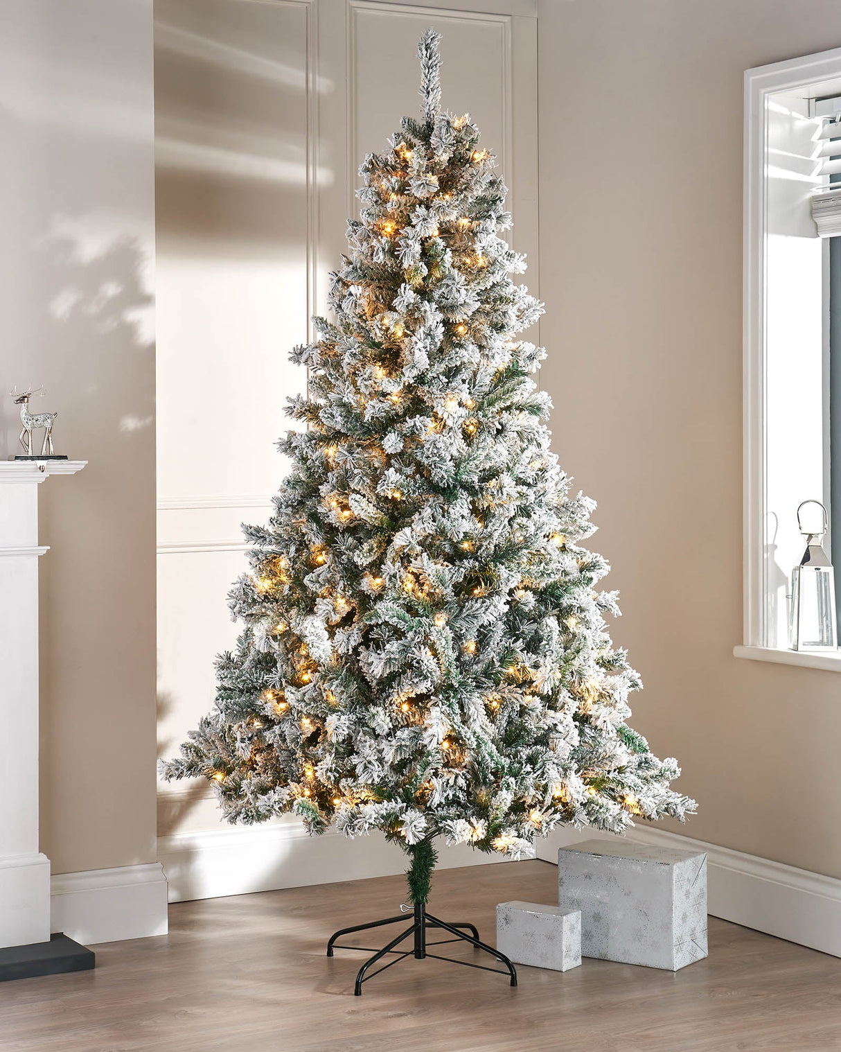 Pre-Lit Snow Flocked Mixed Pine Christmas Tree, 7 ft