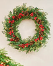 Pre-Lit Wreath with Pinecones & Red Berries, 76 cm