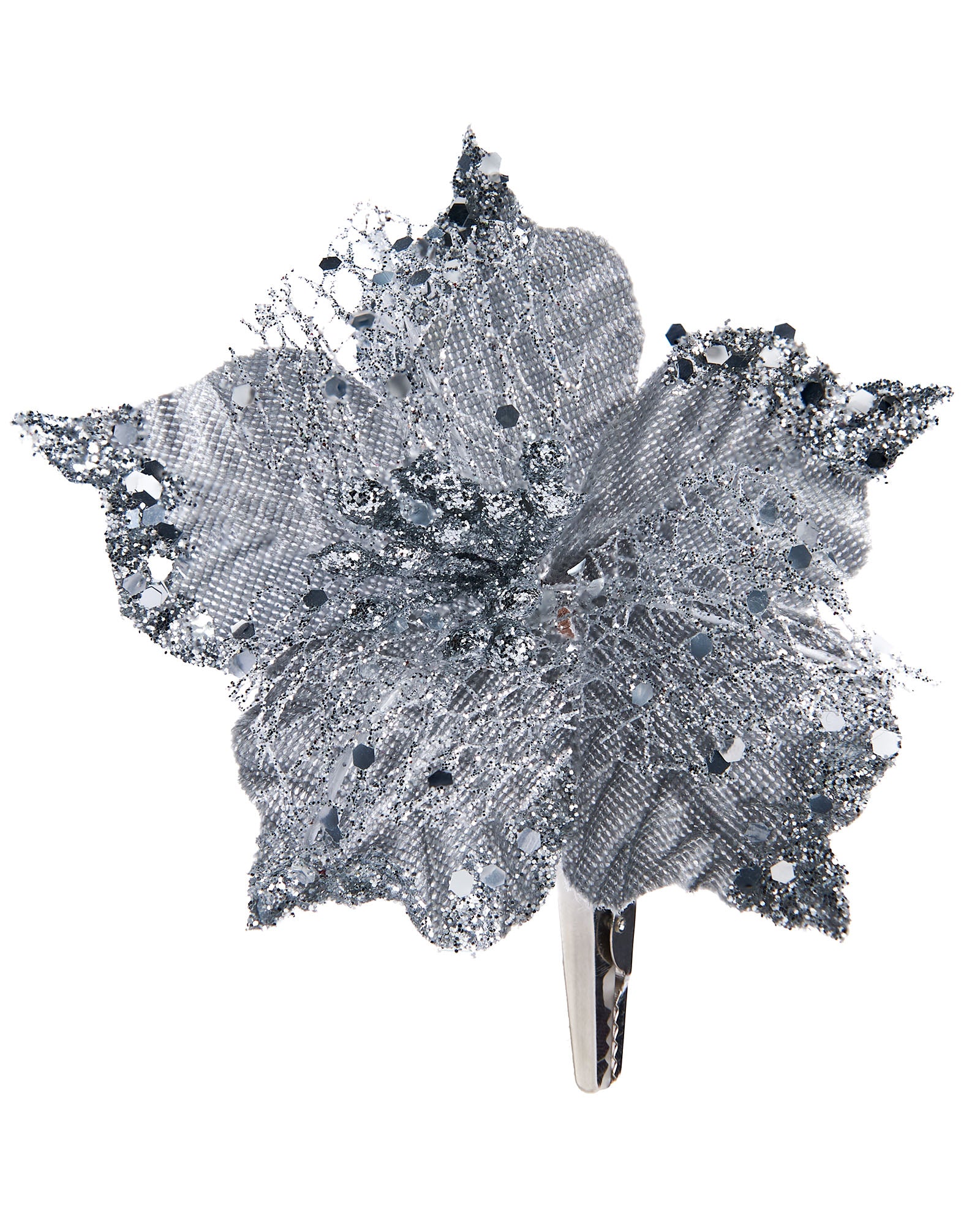 Artificial Silver Poinsettia Flower with Clip, 3 Pack, 12 cm