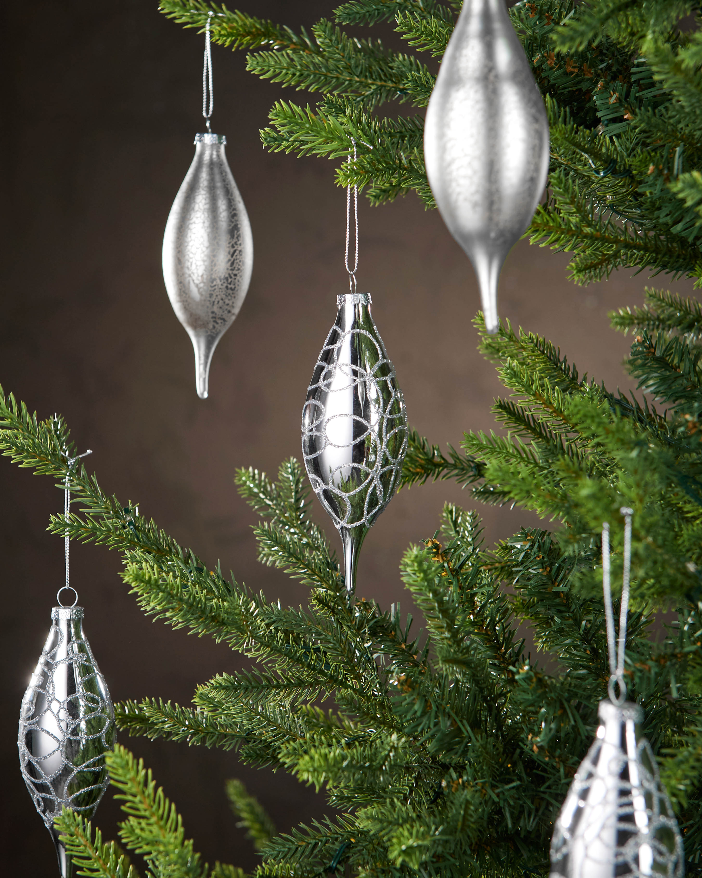 Set of 5 Large Glass Teardrop Baubles, Silver, 15 cm