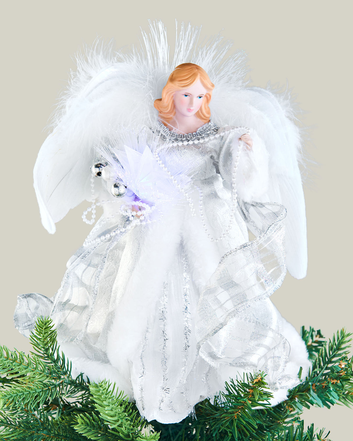 Fibre Optic Angel Christmas Tree Topper, Silver/White, 25 cm