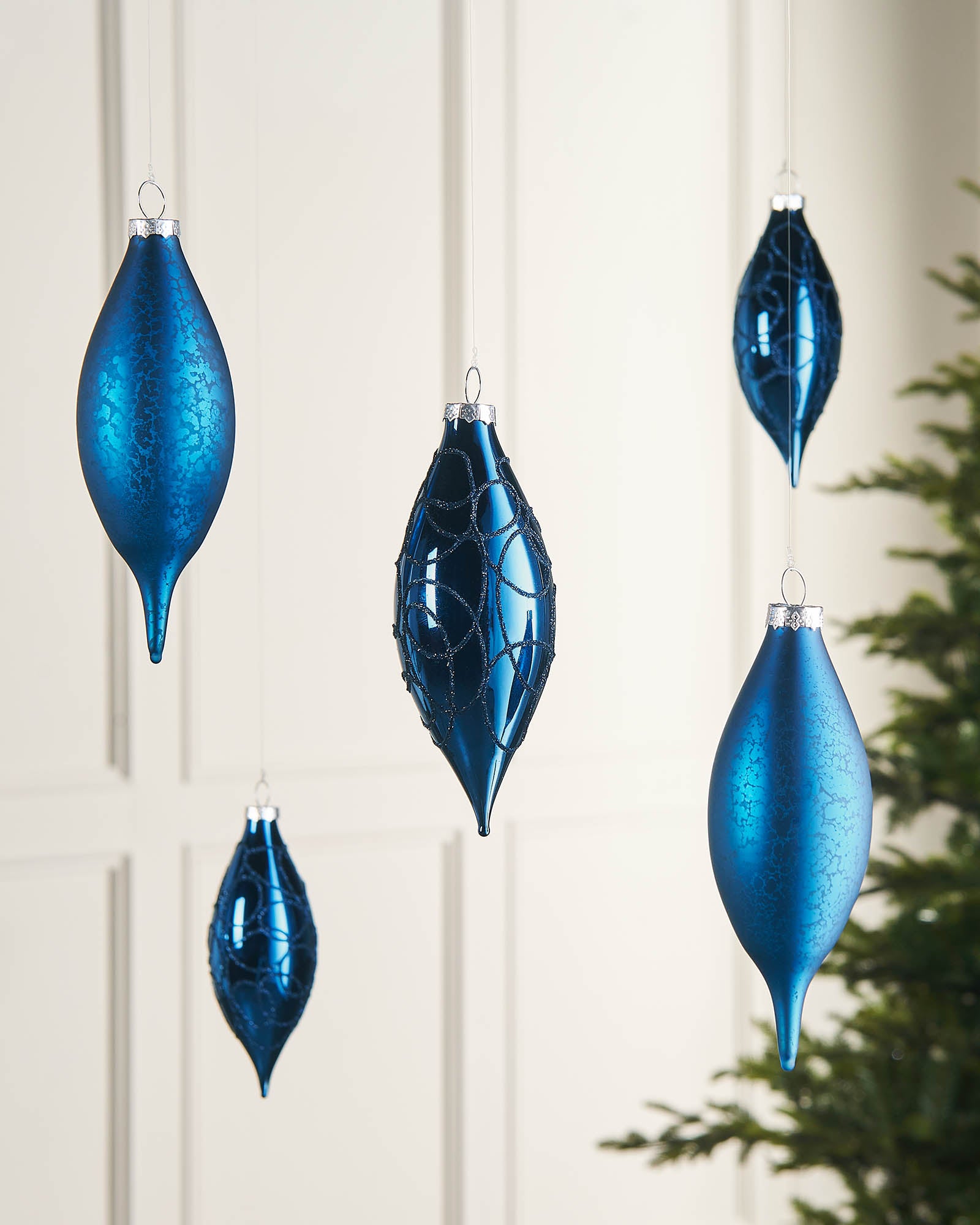 Five Navy Blue Glass Baubles, 15 cm