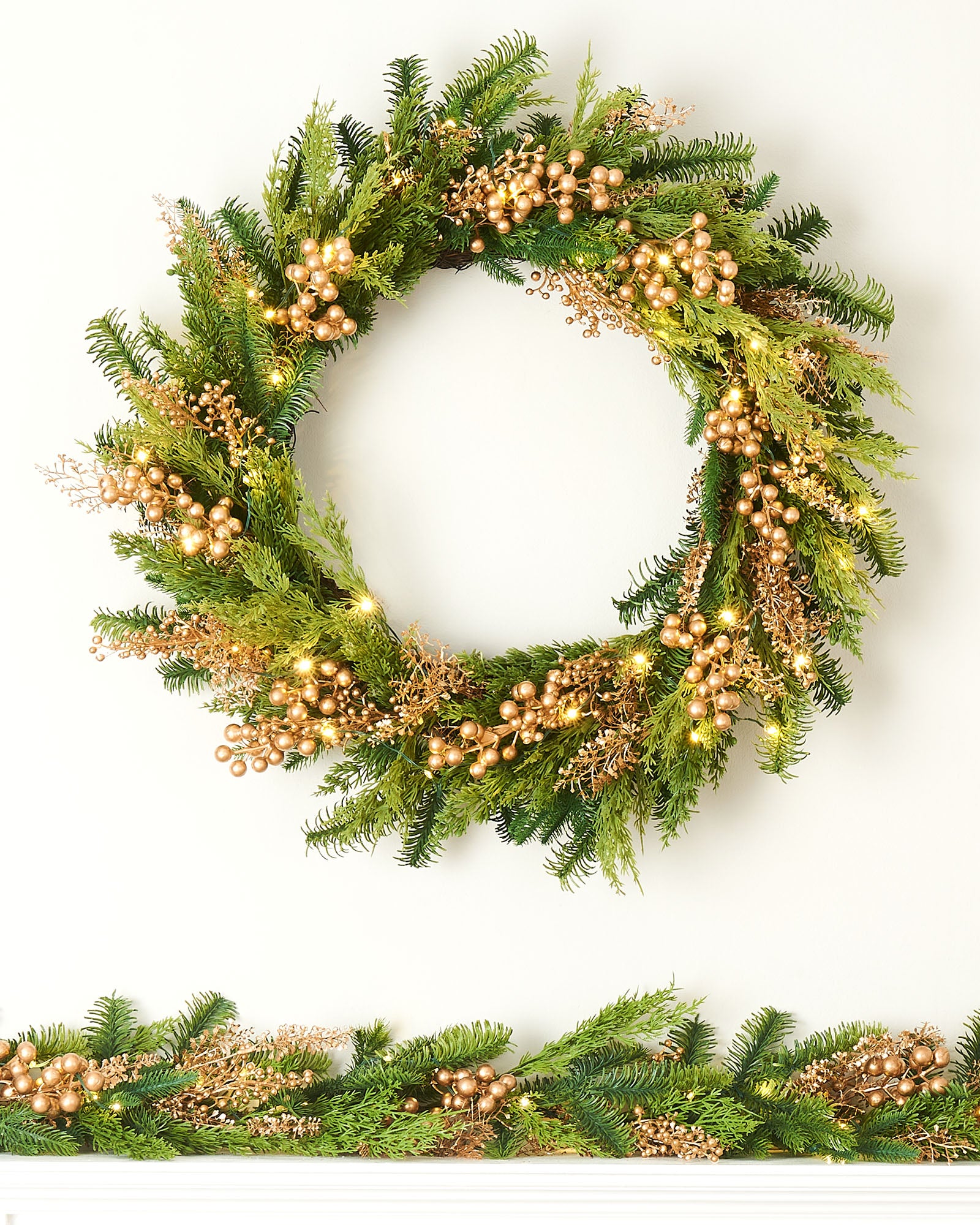 Pre-Lit Gold Berry Mixed Tip Garland & Wreath