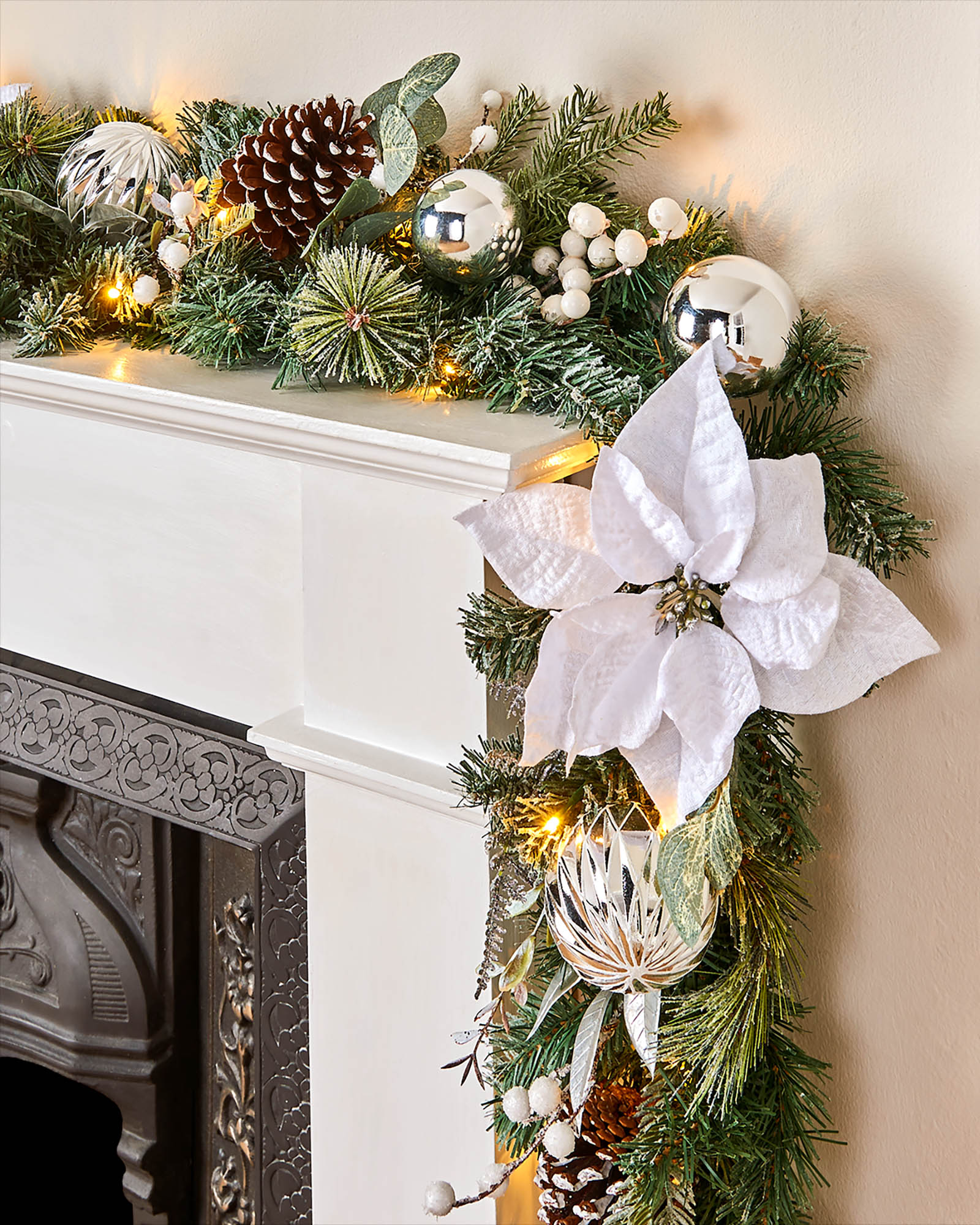 Pre-Lit Decorated Frosted Garland & Wreath, White/Silver