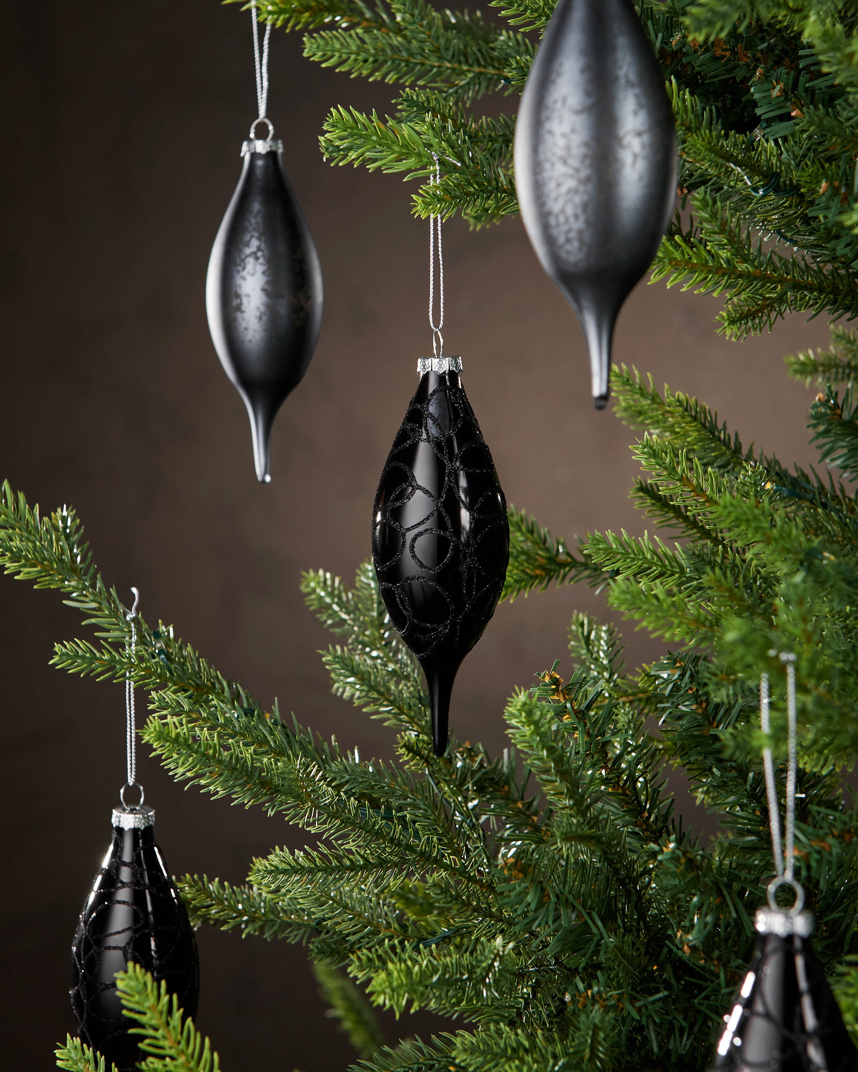 Set of 5 Large Glass Teardrop Baubles, Black, 15 cm