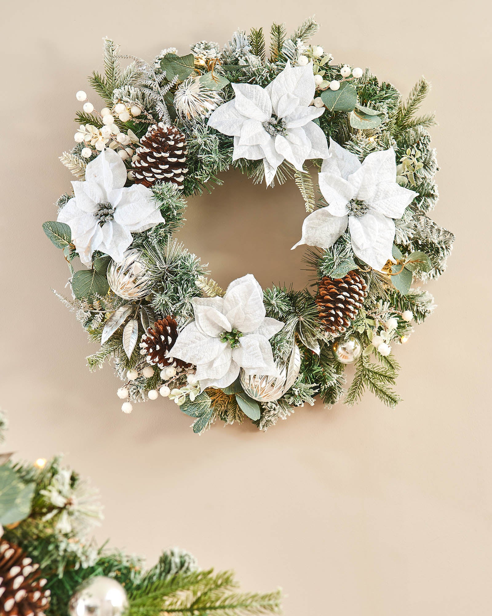 Pre-Lit Decorated Frosted Garland & Wreath, White/Silver