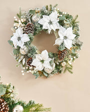 Pre-Lit Decorated Frosted Wreath, White & Silver, 60 cm