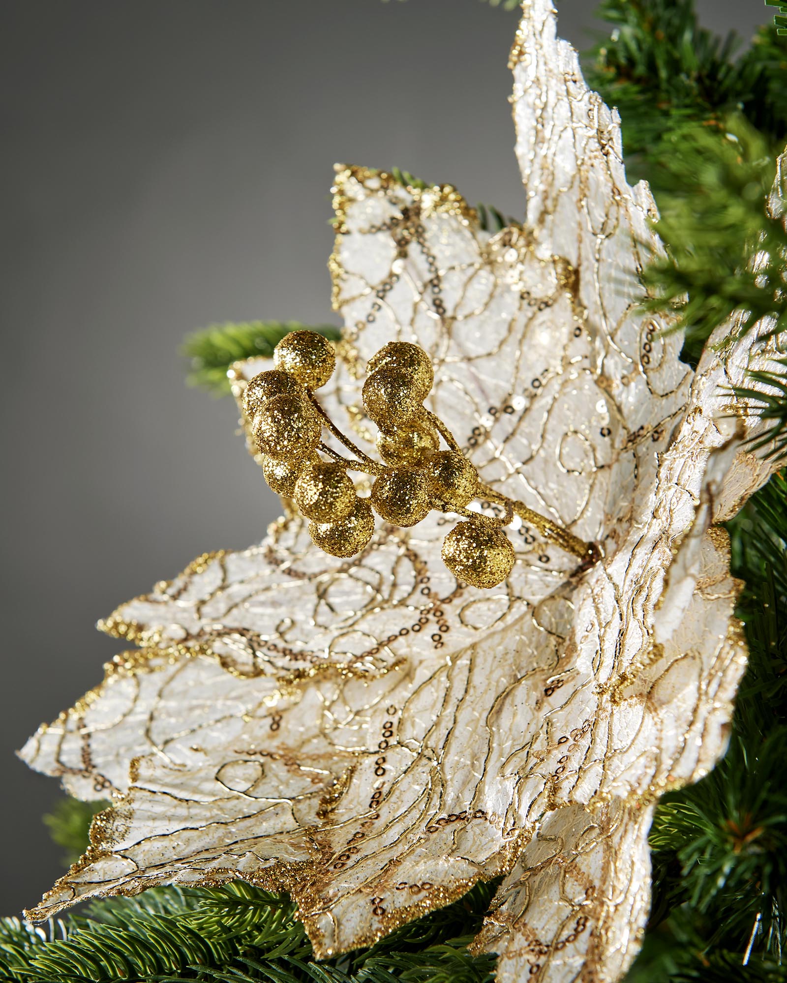 White & Gold Artificial Poinsettia Flower, 32 cm