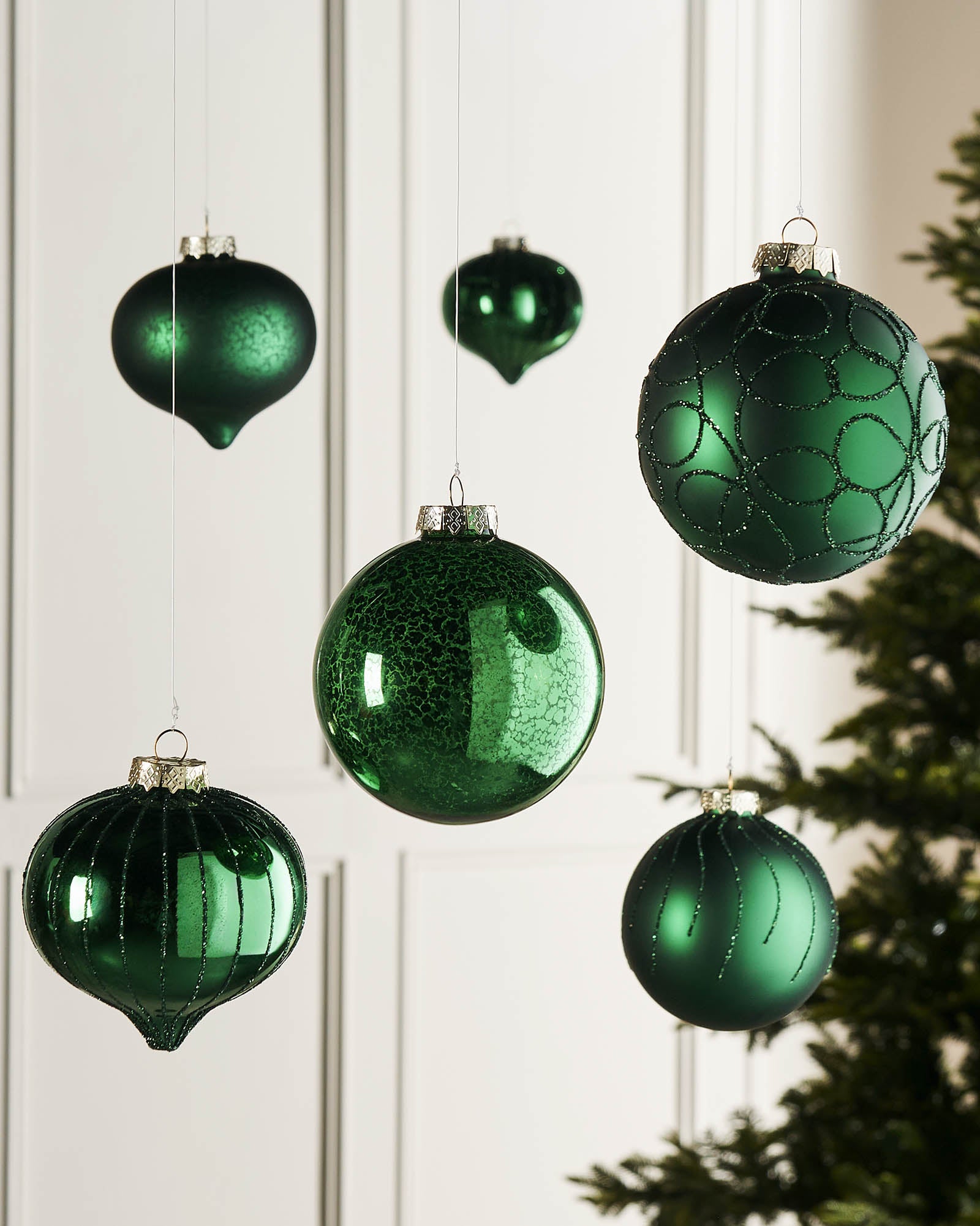 Six Christmas Green Glass Baubles, 10 cm