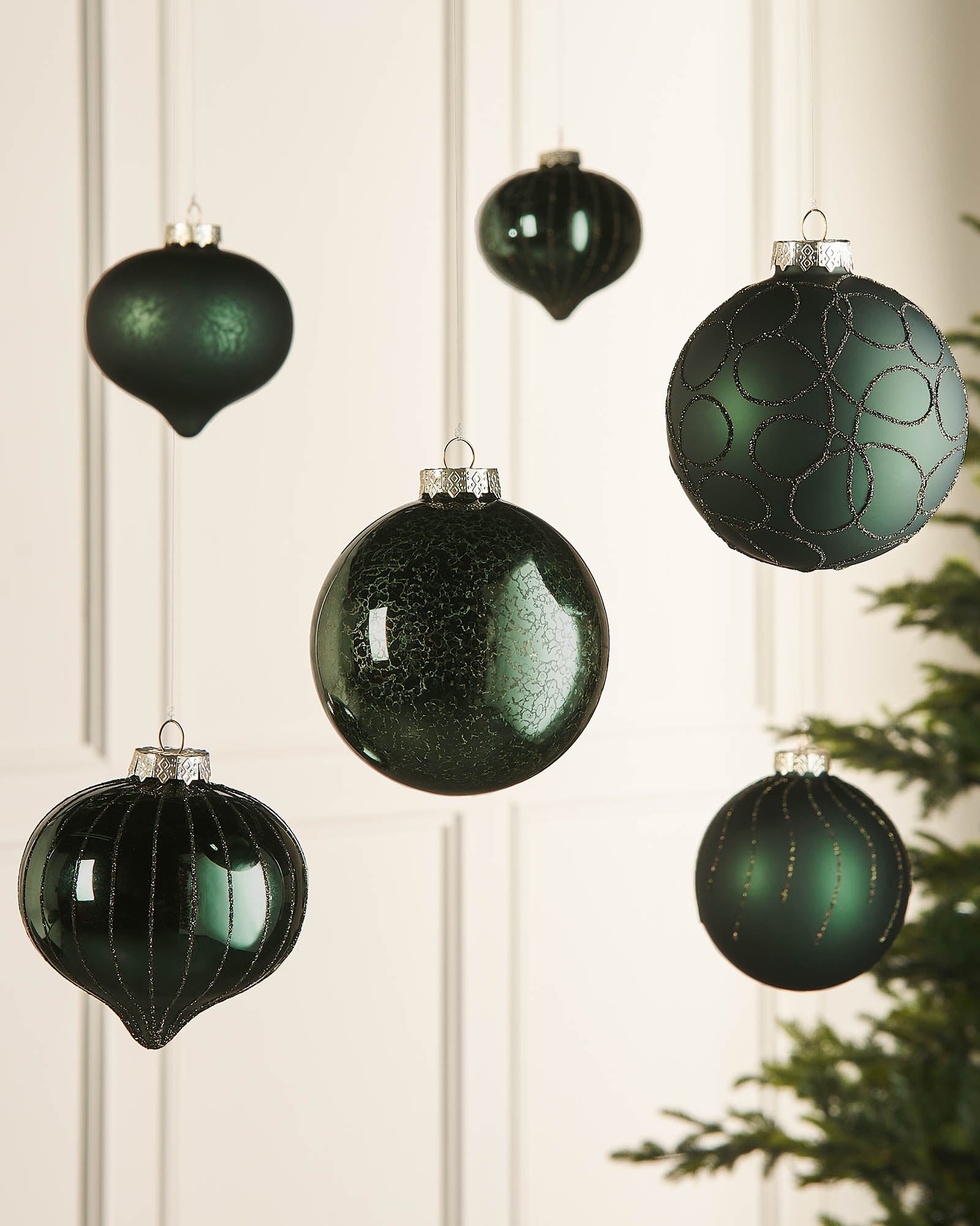 Six Sage Green Glass Baubles, 10 cm