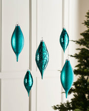 Set of 5 Large Glass Teardrop Baubles, Teal, 15 cm