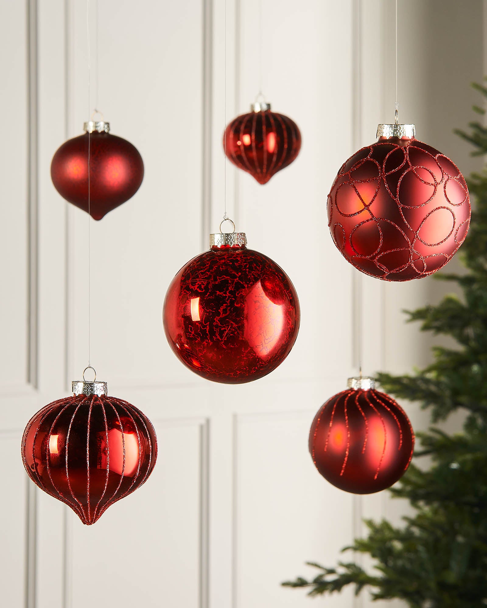 Six Christmas Red Glass Baubles, 10 cm