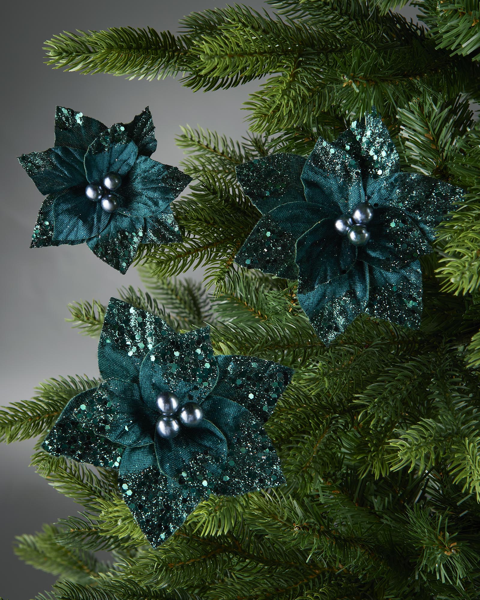 Set of 3 Emerald Artificial Poinsettia Flowers with Clip, 12 cm