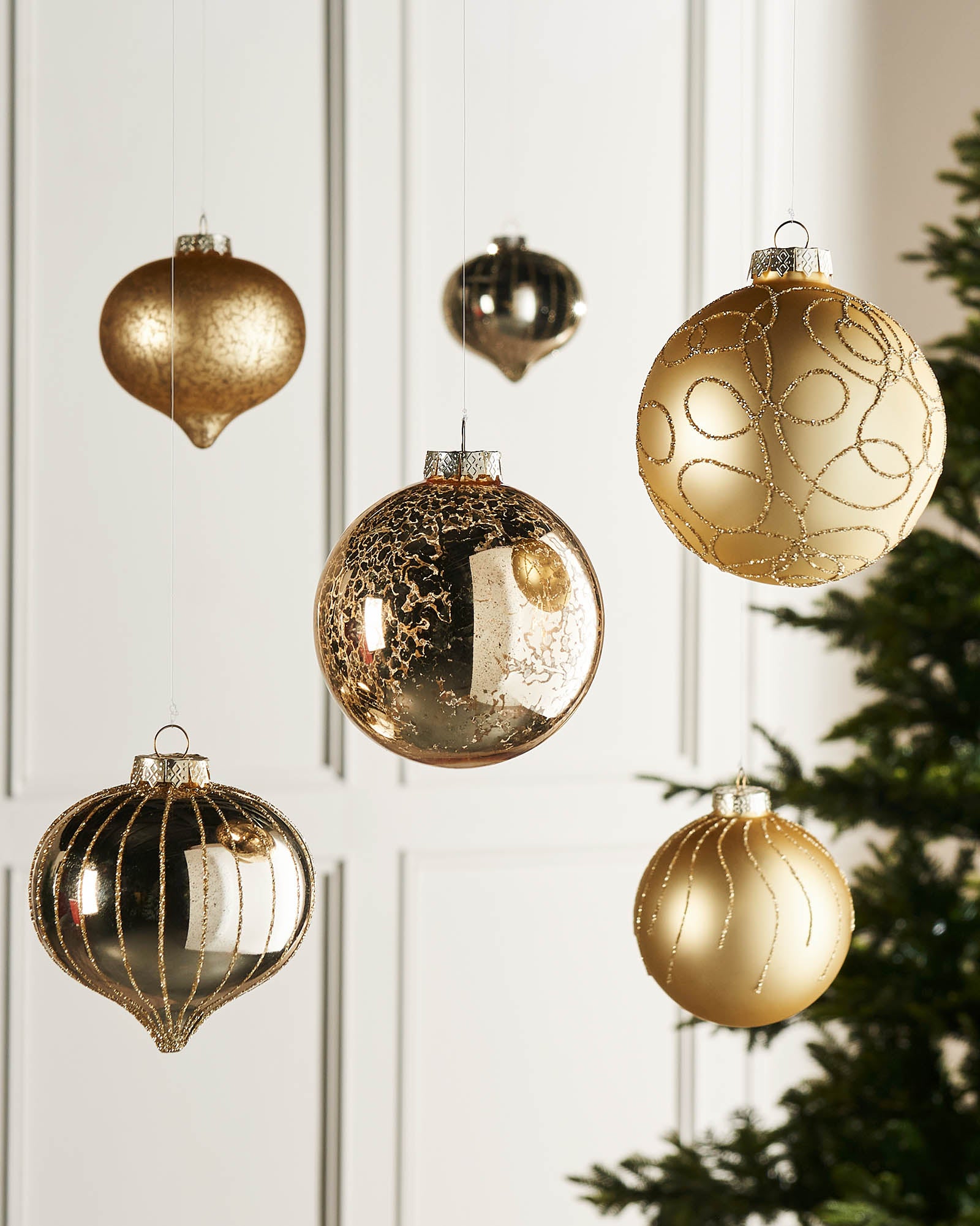 Six Pale Gold Glass Baubles, 10 cm