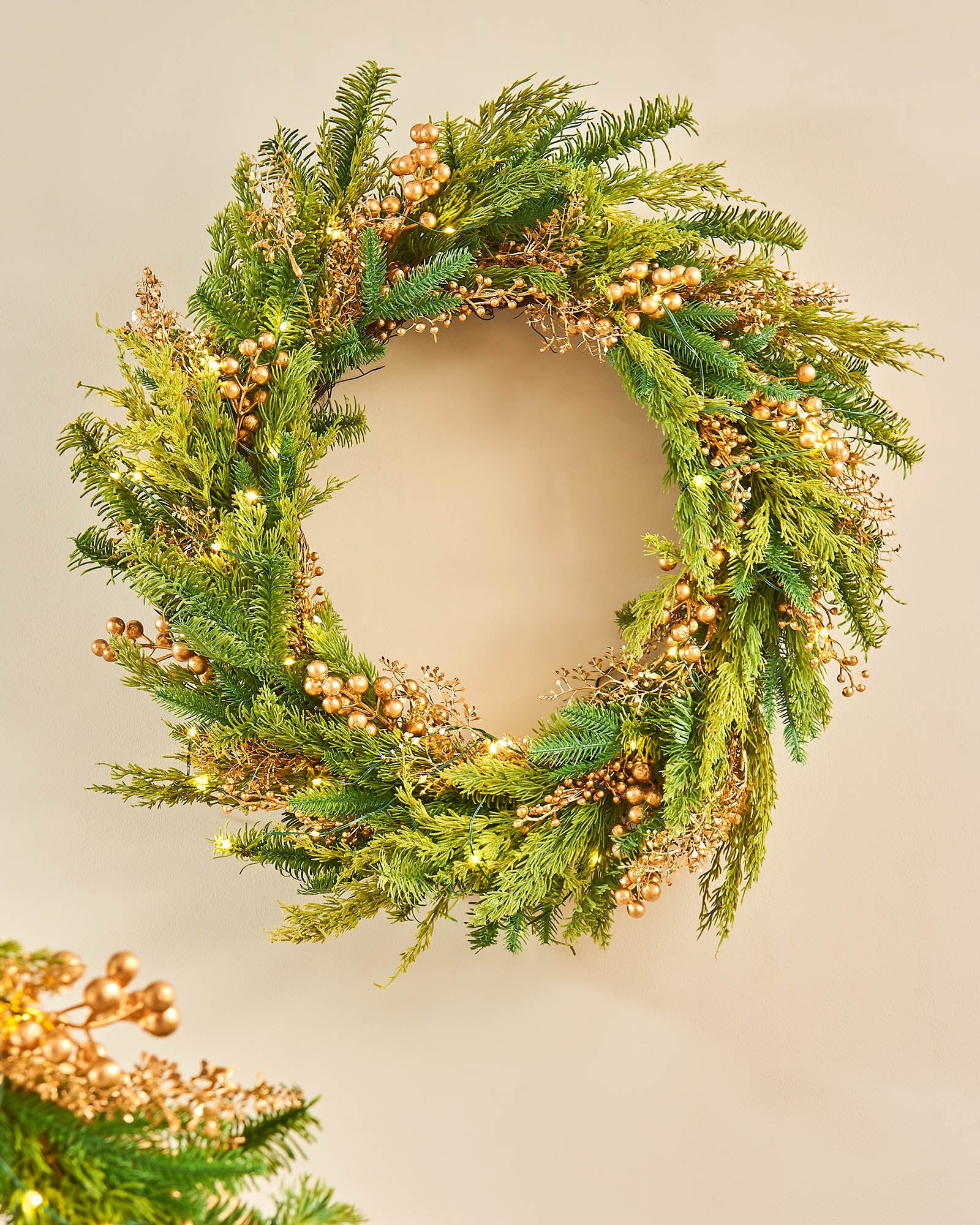 Pre-Lit Gold Berry Mixed Tip Garland & Wreath