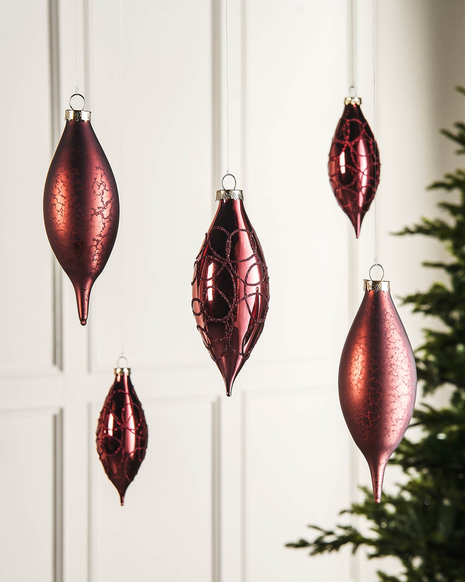 Five Burgundy Glass Baubles, 15 cm