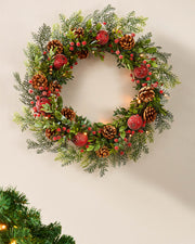 Pre-Lit Frosted Red Berry Mixed Tip Wreath, 60 cm