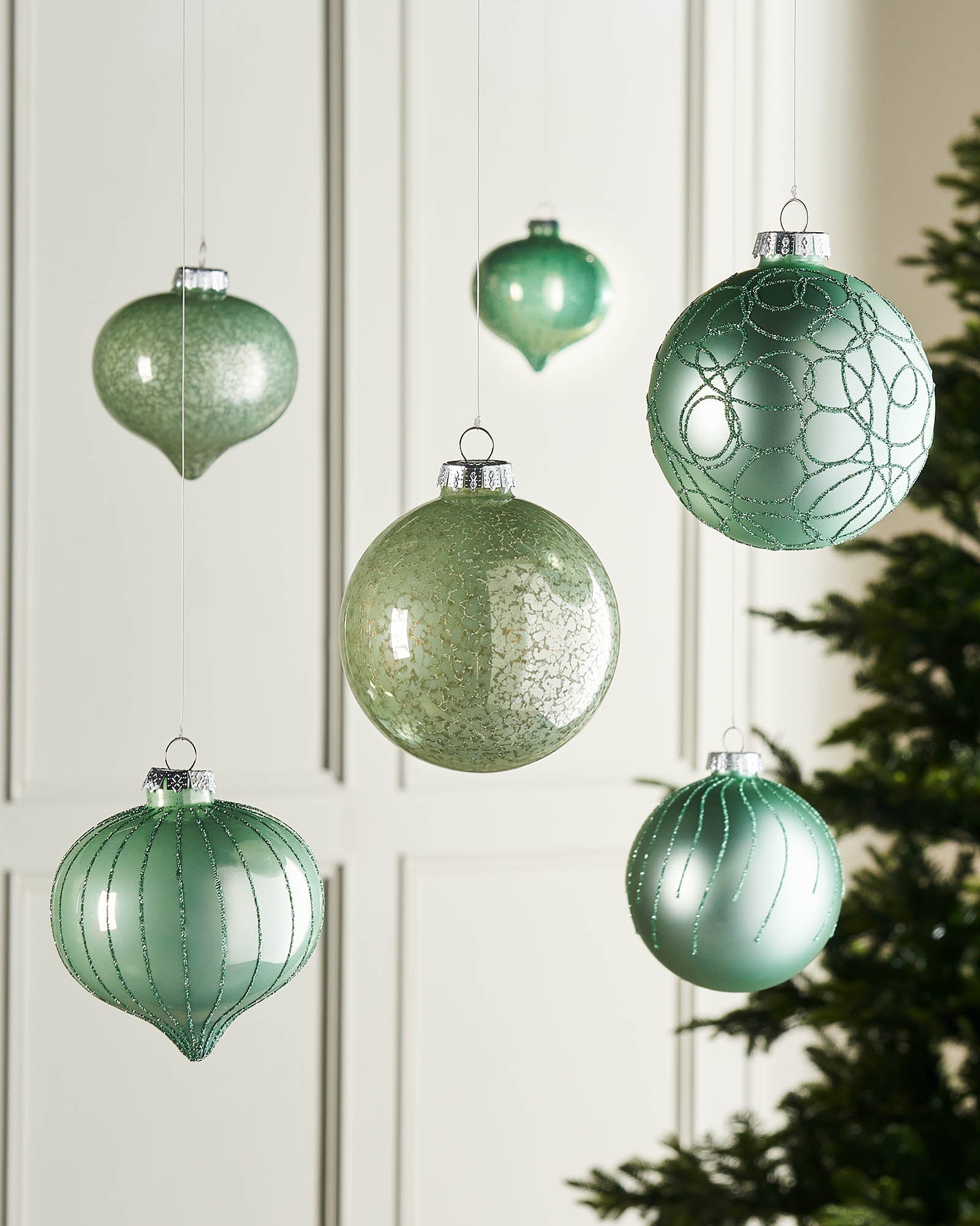 Six Mint Green Glass Baubles, 10 cm