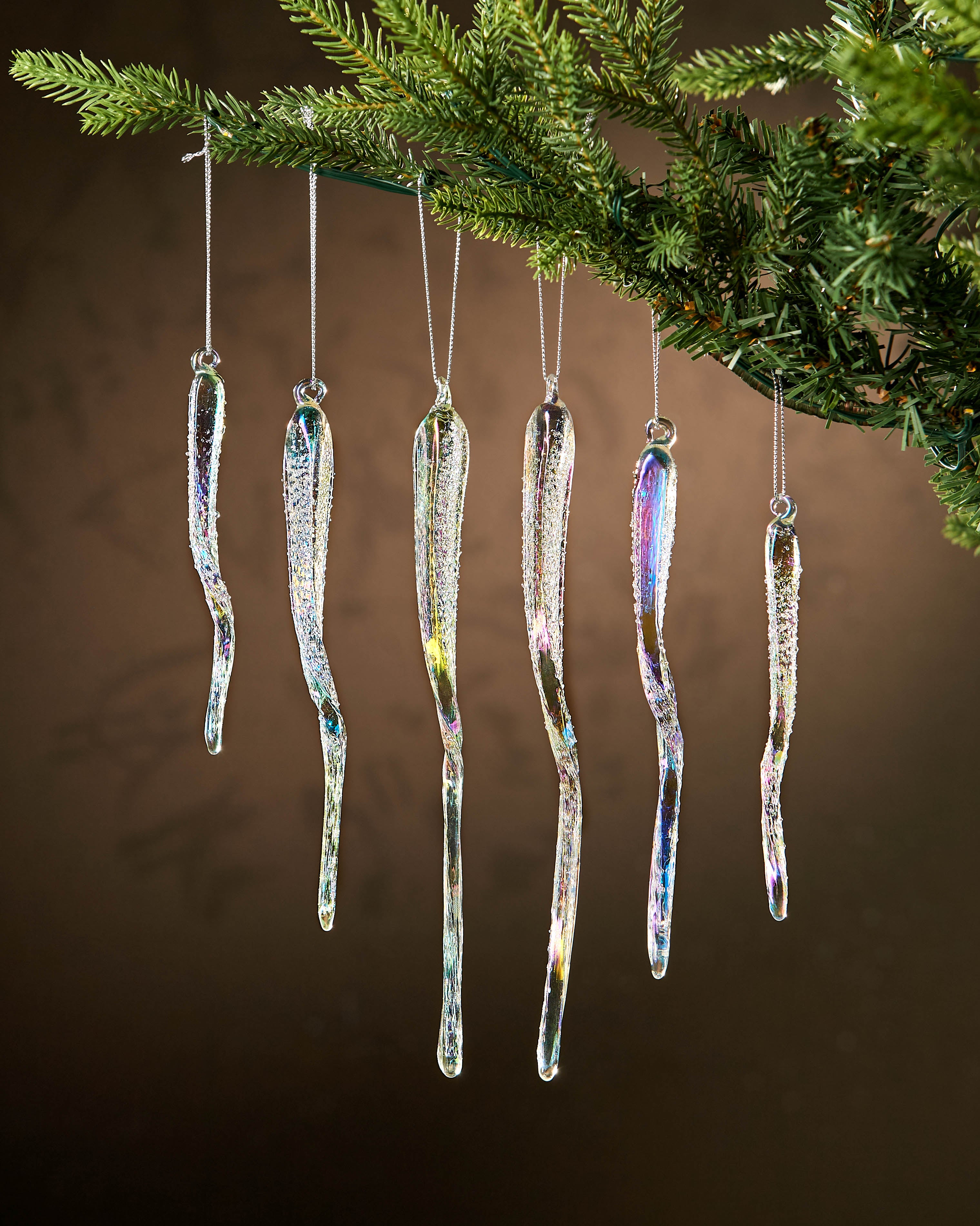 Set of 6 Iridescent Frosted Glass Icicles, 25 cm
