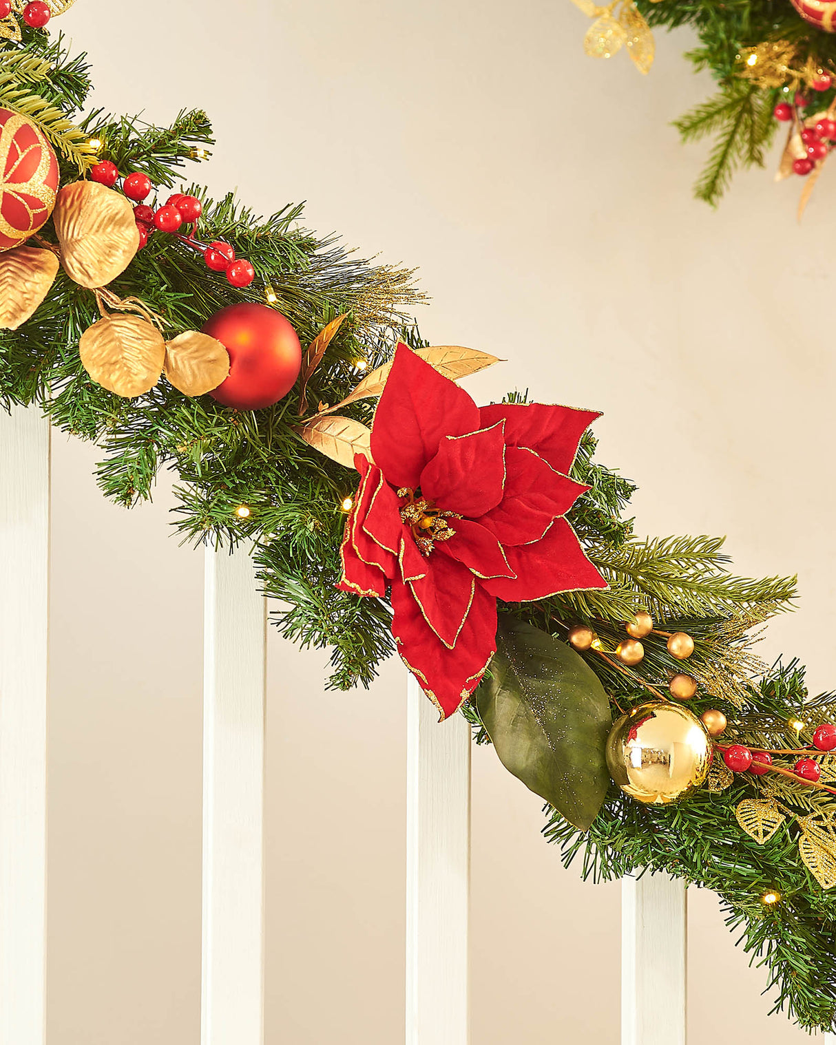 Pre-Lit Decorated Garland, Red/Gold, 9 ft