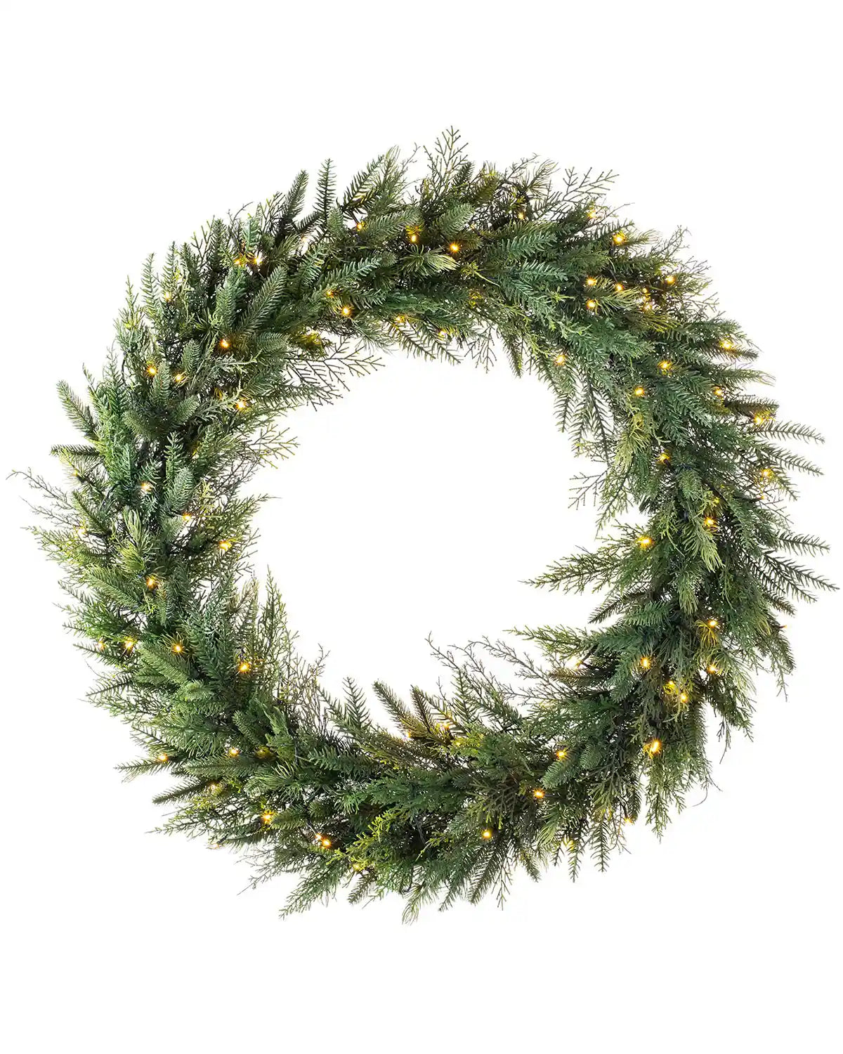 Pre-lit natural fir Christmas wreath with warm white LEDs on white background