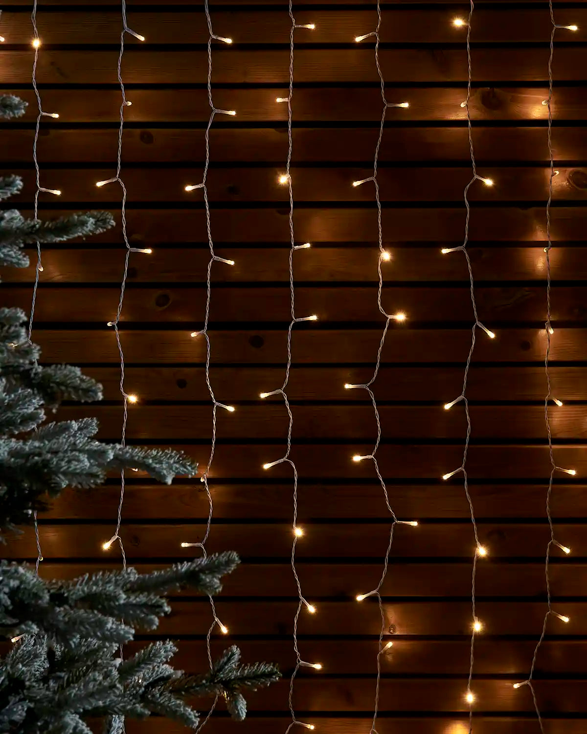Warm white curtain lights on white cable hanging against a wooden wall beside a frosted tree.