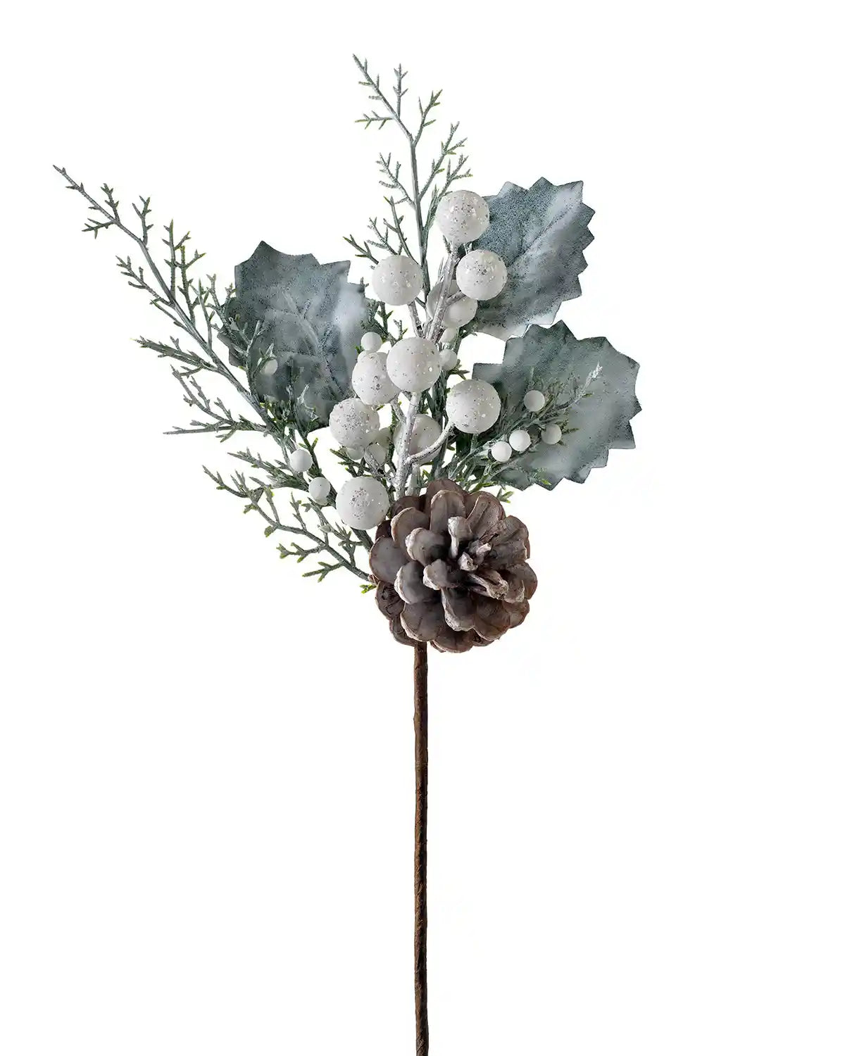 20 cm artificial frosted berries and pinecones pick on a white background
