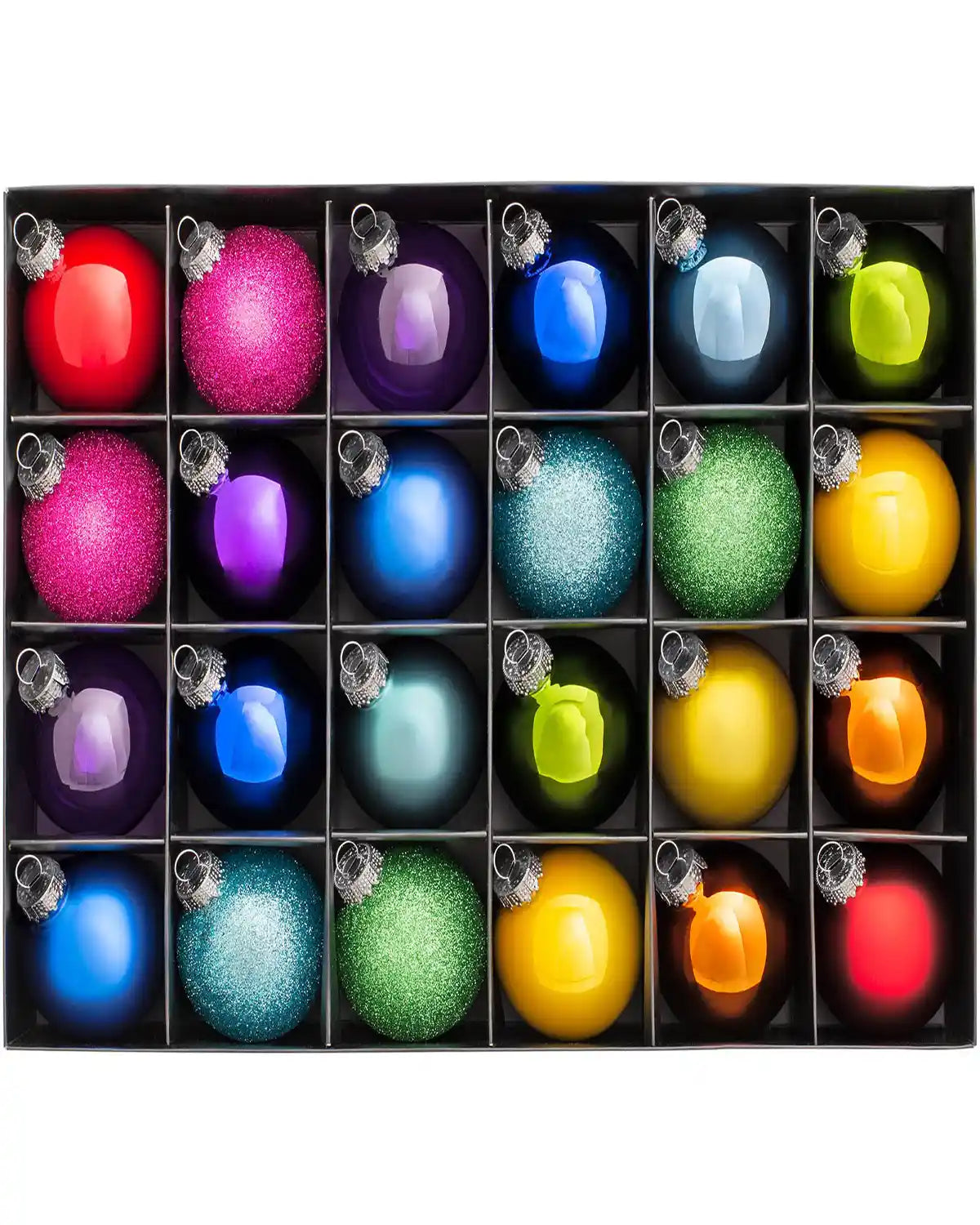 Set of 24 multi-coloured 6 cm glass baubles on a white background