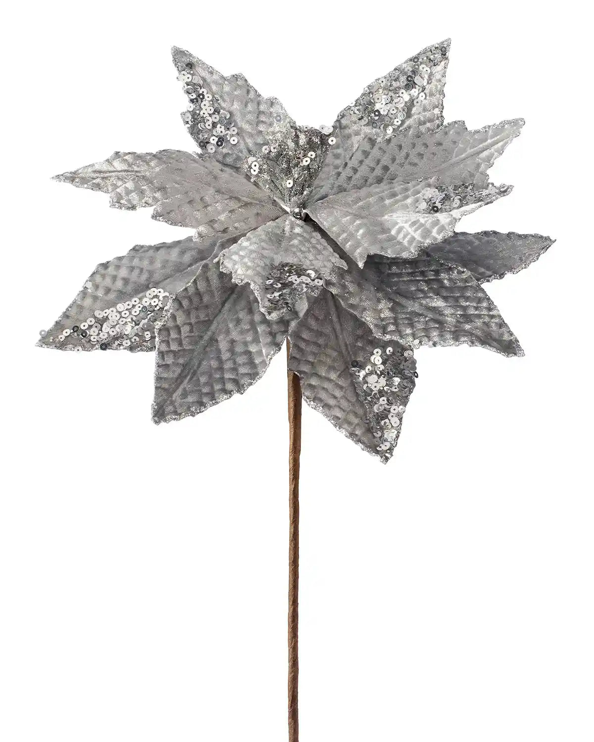 29 cm silver artificial poinsettia flower on a white background