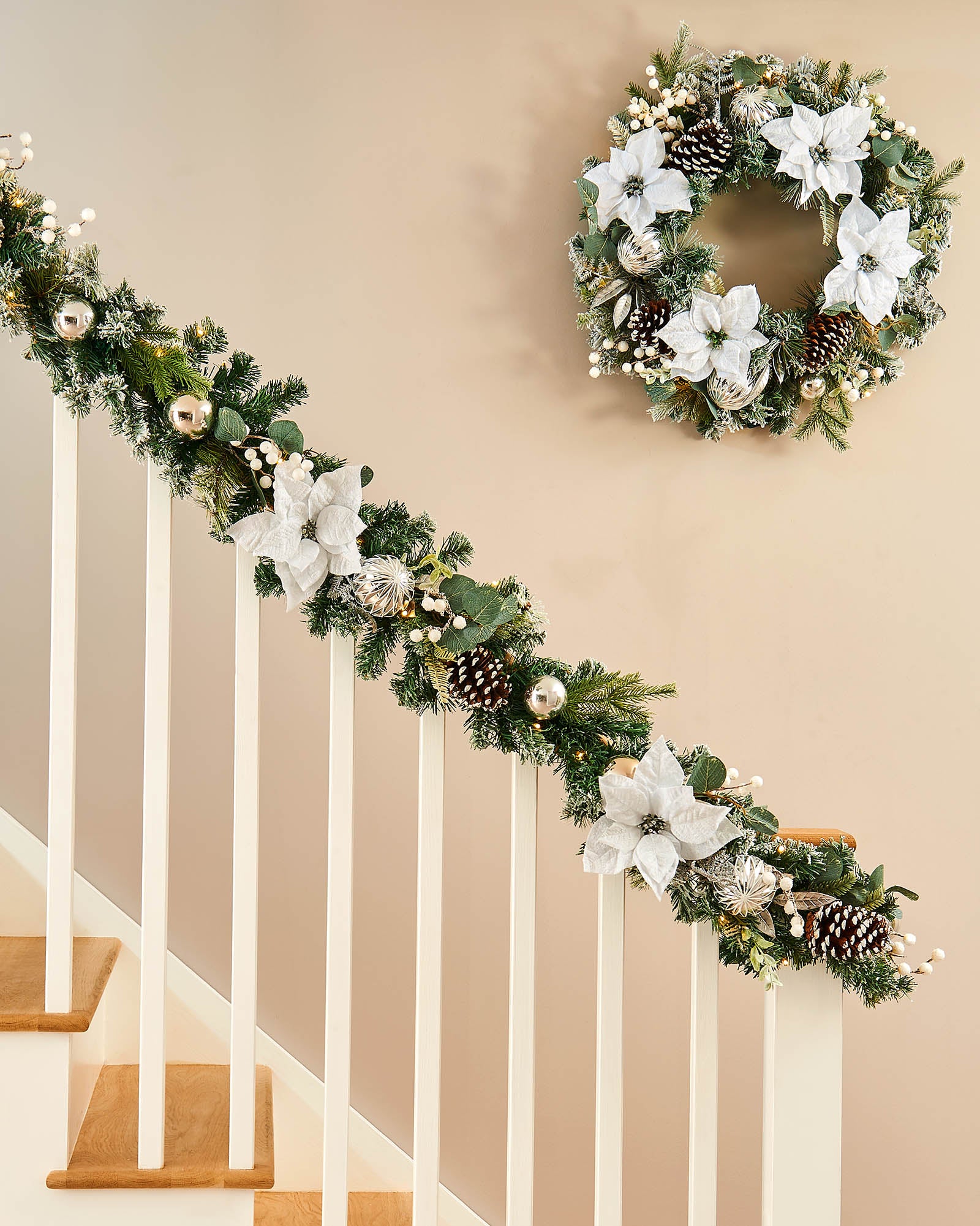 Pre-Lit Decorated Frosted Garland, White & Silver, 9 ft