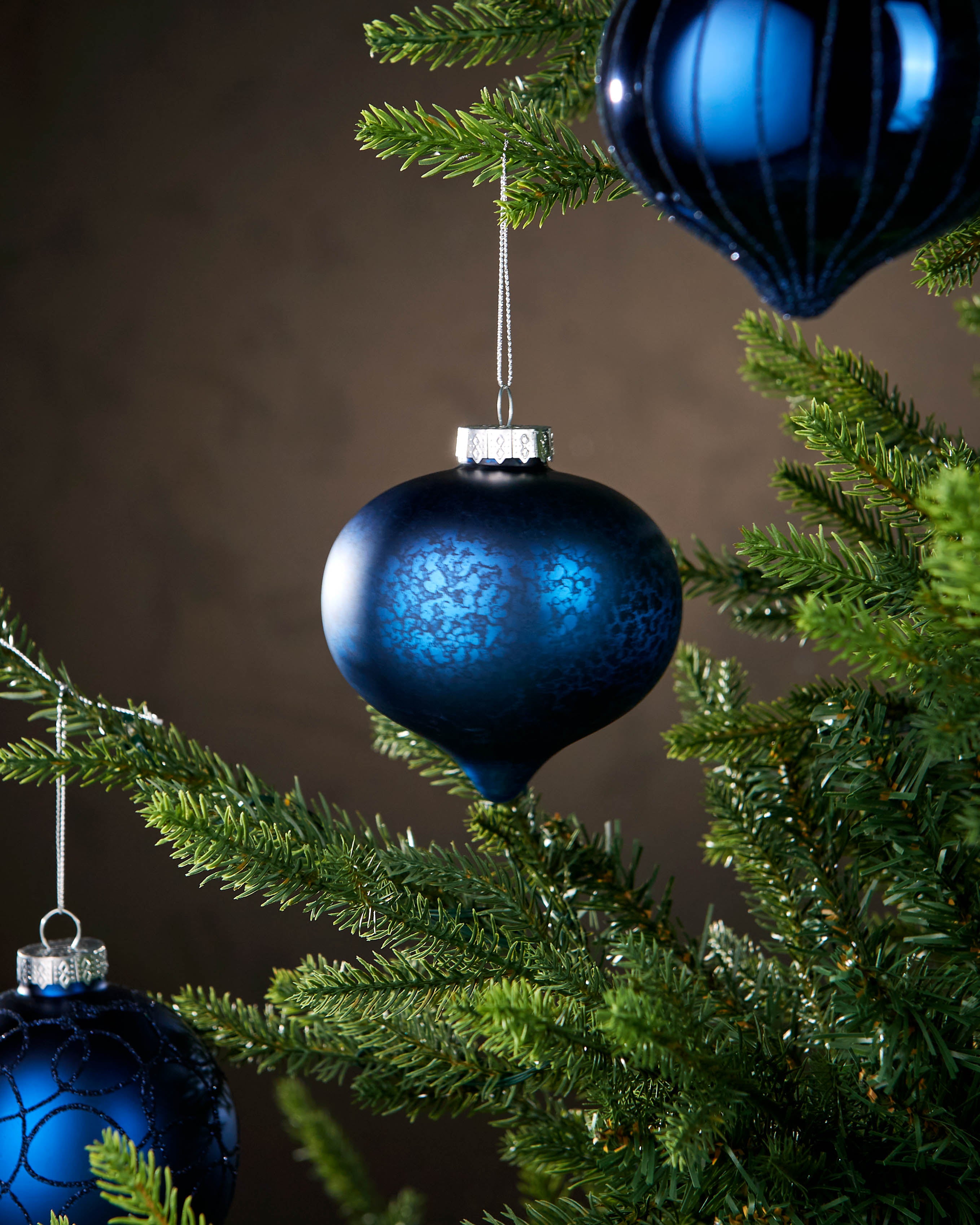 Set of 6 Glass Baubles, Navy, 10 cm