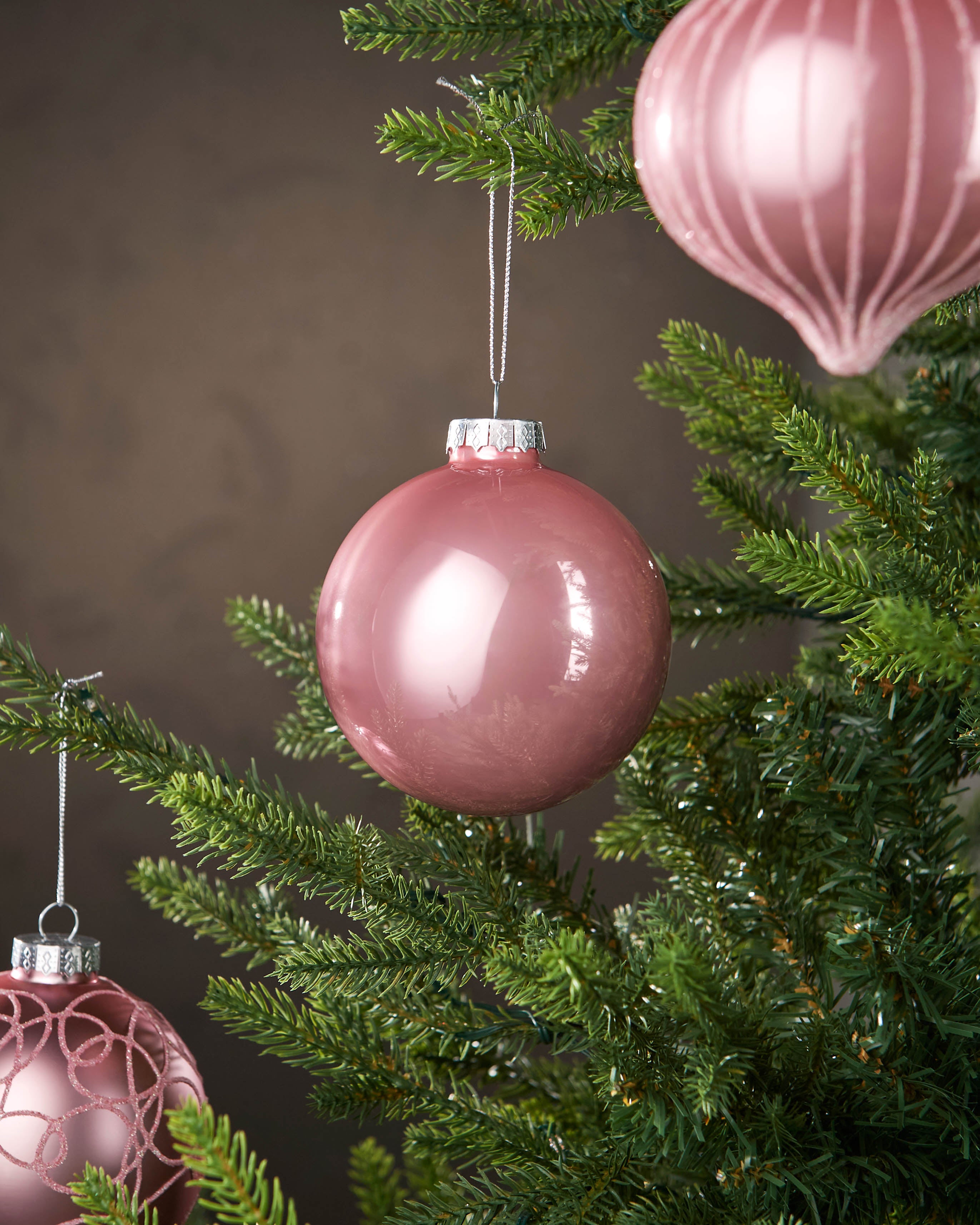 6 Baby Pink Glass Baubles, 10 cm