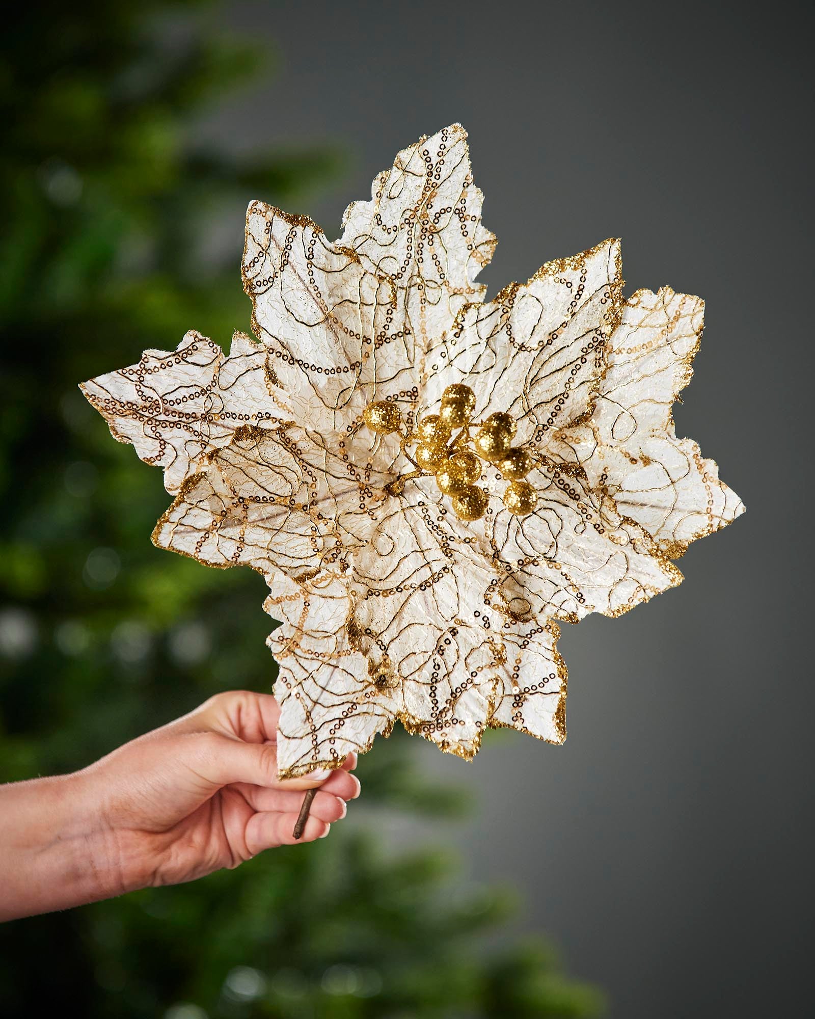 White & Gold Artificial Poinsettia Flower, 32 cm