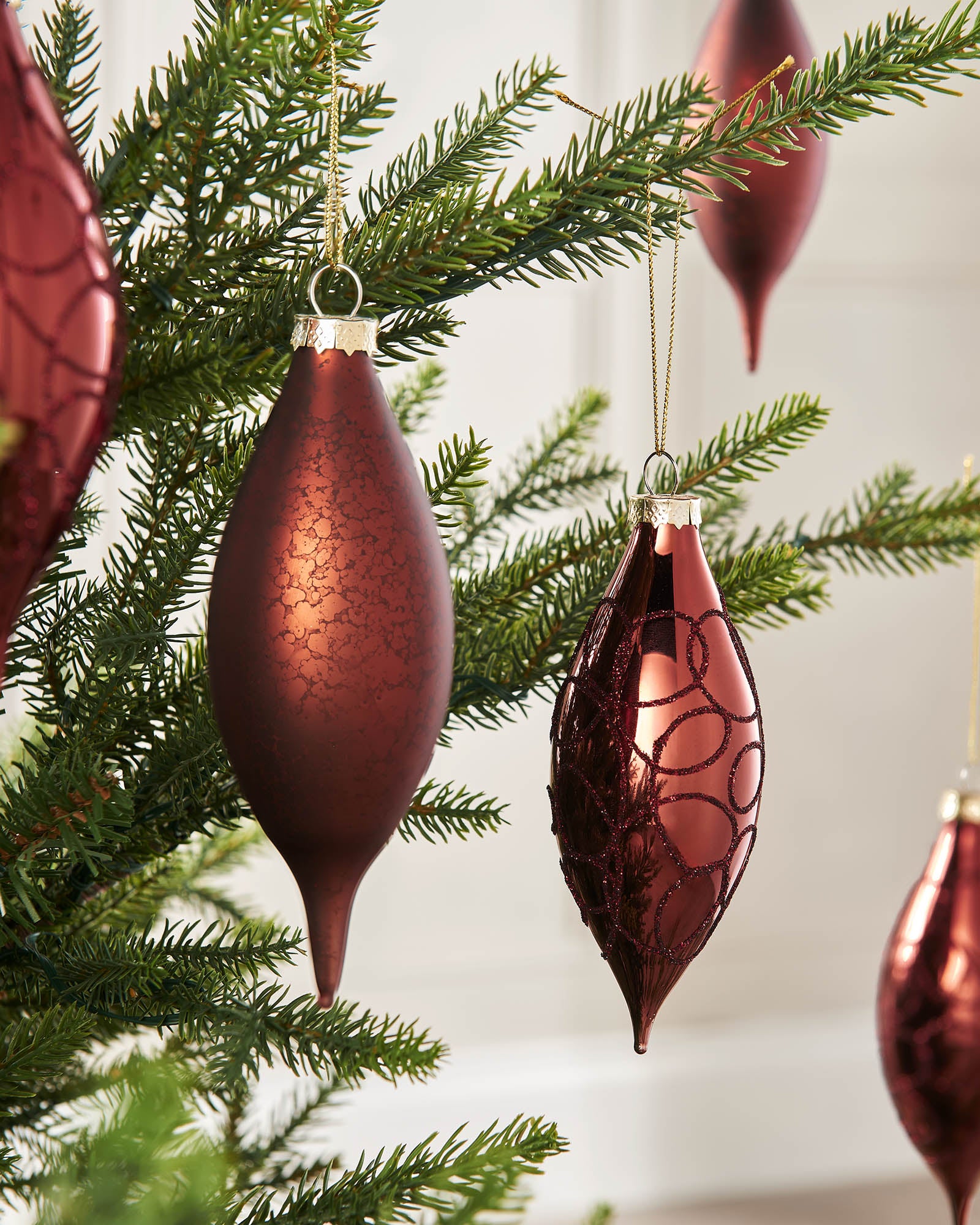 Five Burgundy Glass Baubles, 15 cm