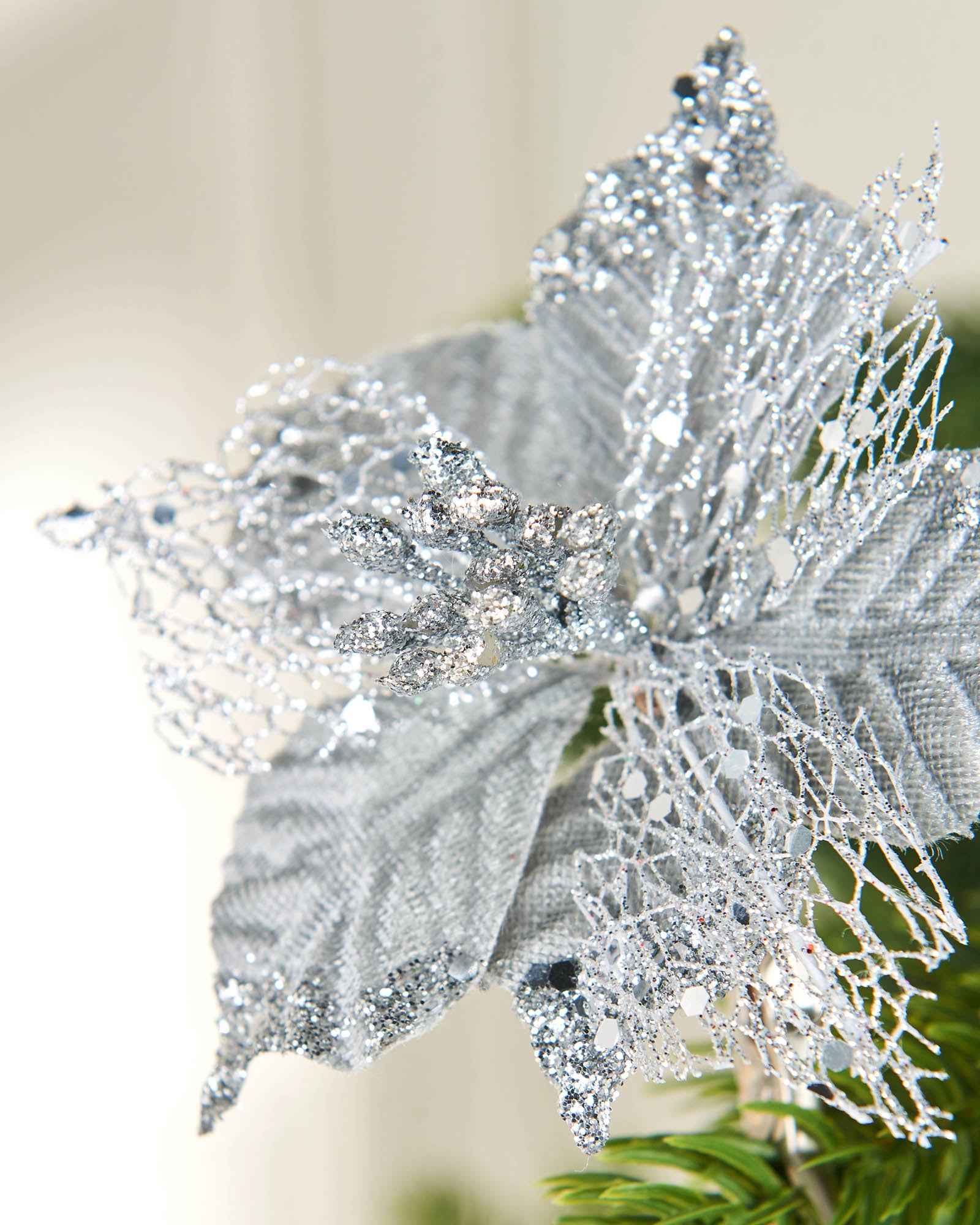 Set of 3 Silver Artificial Poinsettia Flowers with Clip, 12 cm