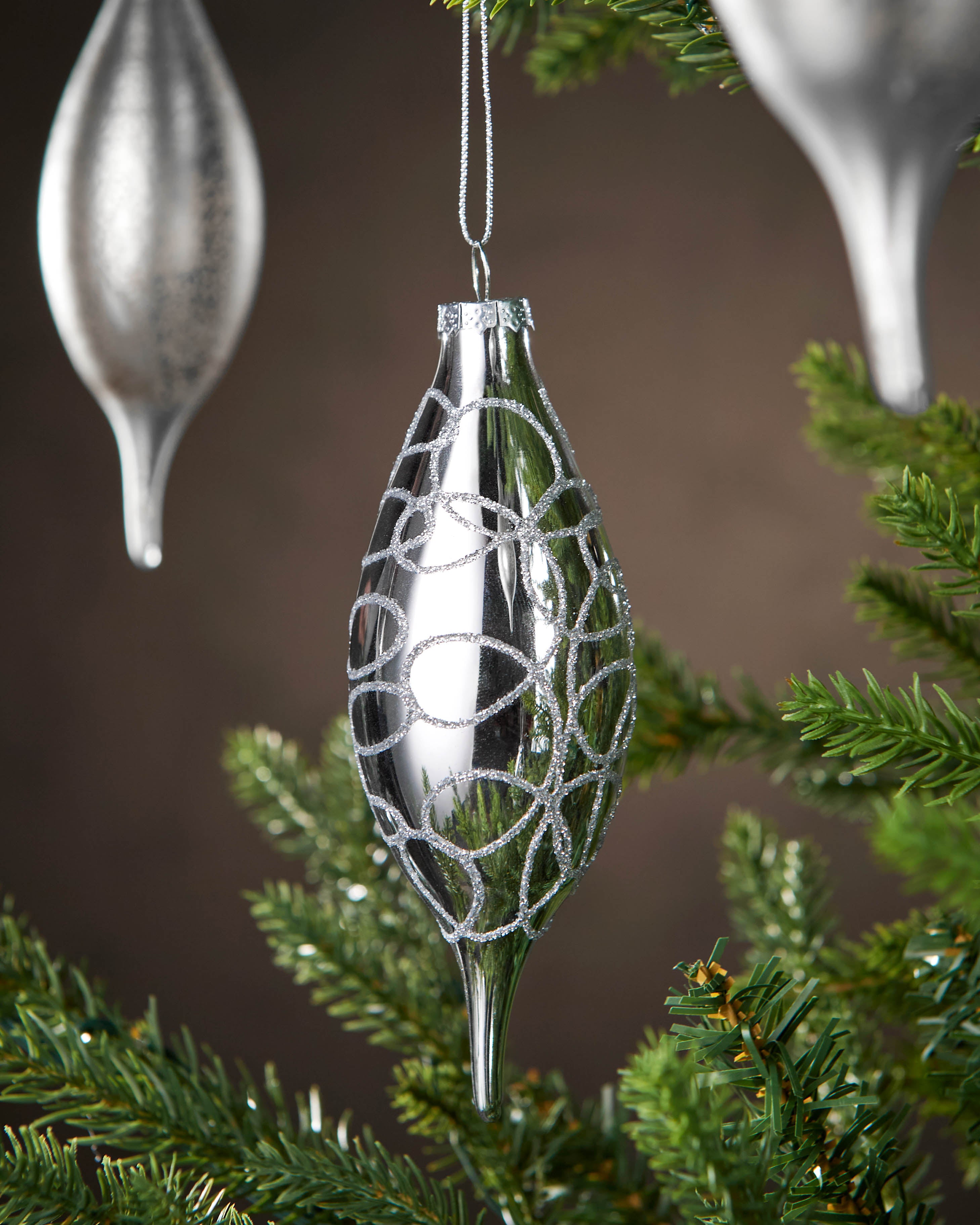 Set of 5 Large Glass Teardrop Baubles, Silver, 15 cm
