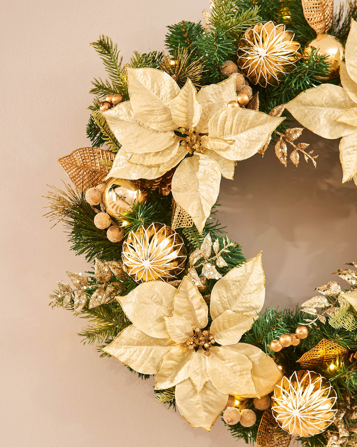 Pre-Lit Decorated Wreath, Cream/Gold, 60 cm