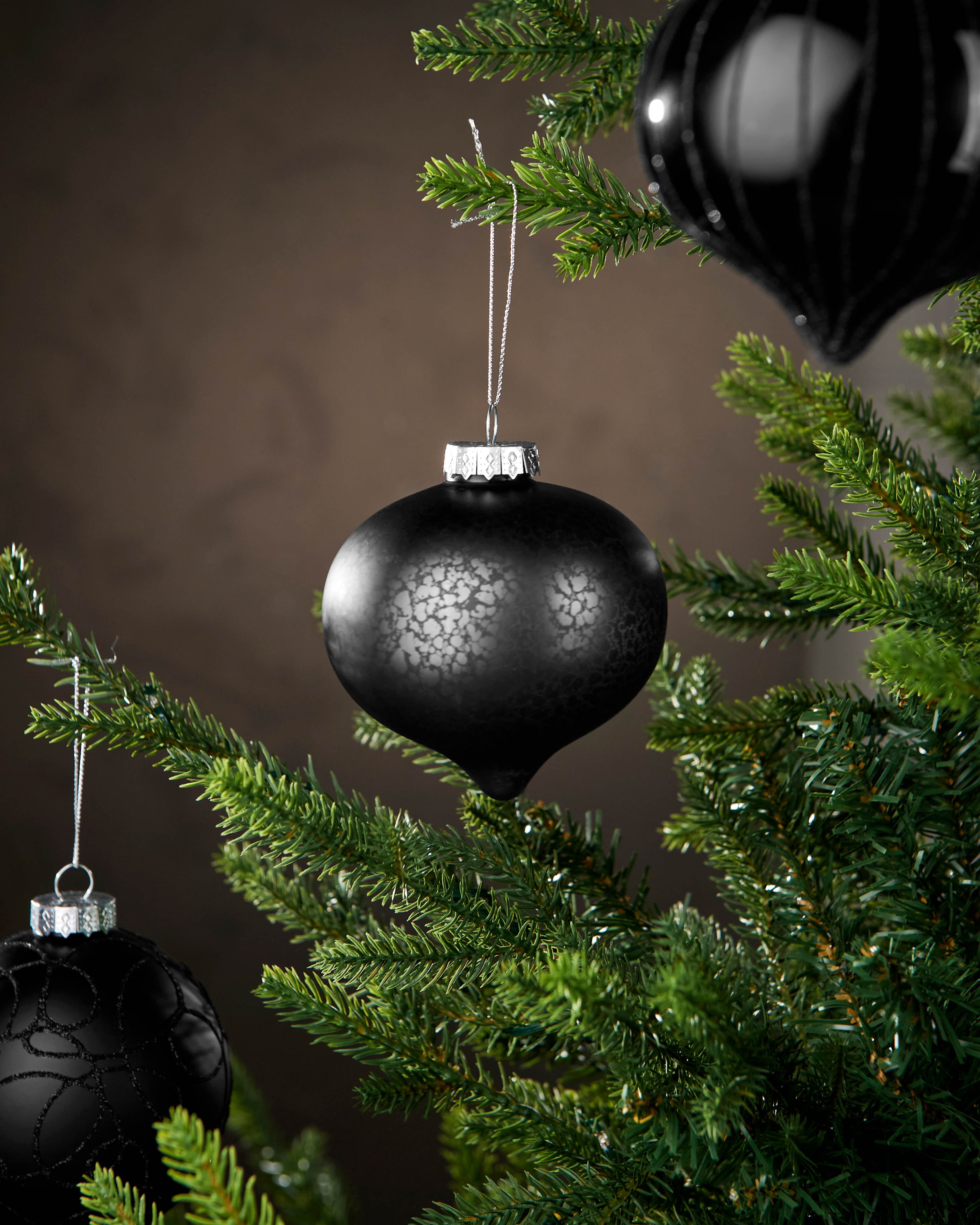 Set of 6 Glass Baubles, Black, 10 cm