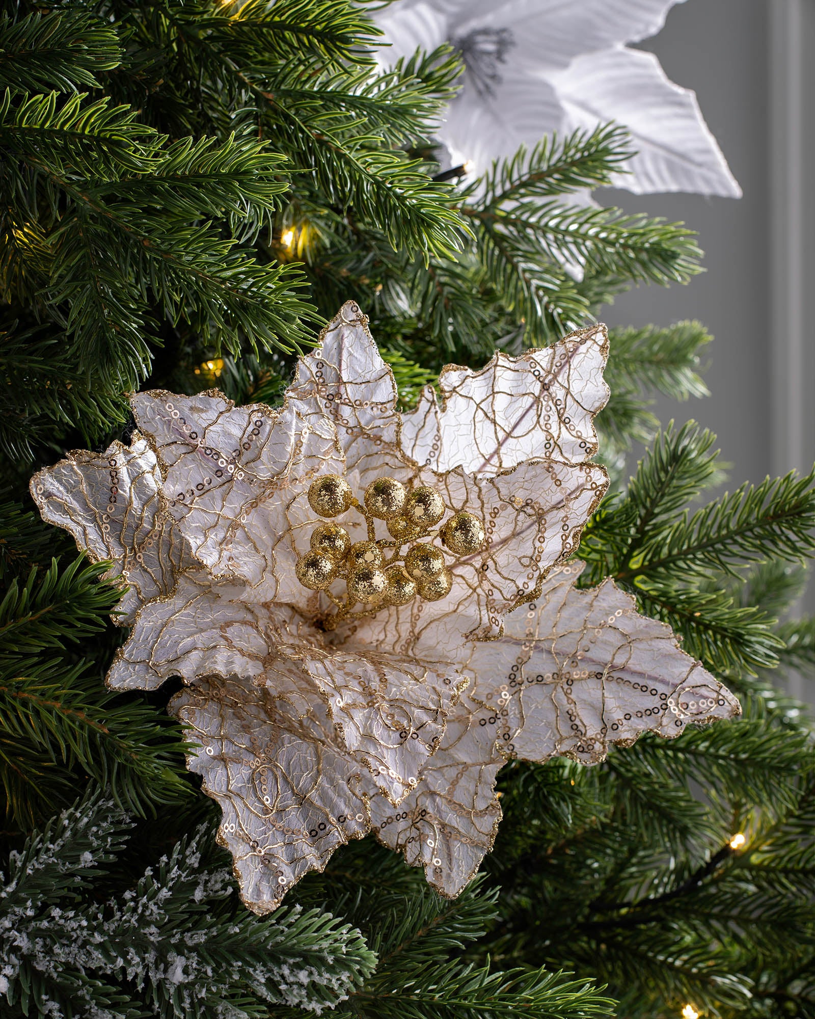 White & Gold Artificial Poinsettia Flower, 32 cm