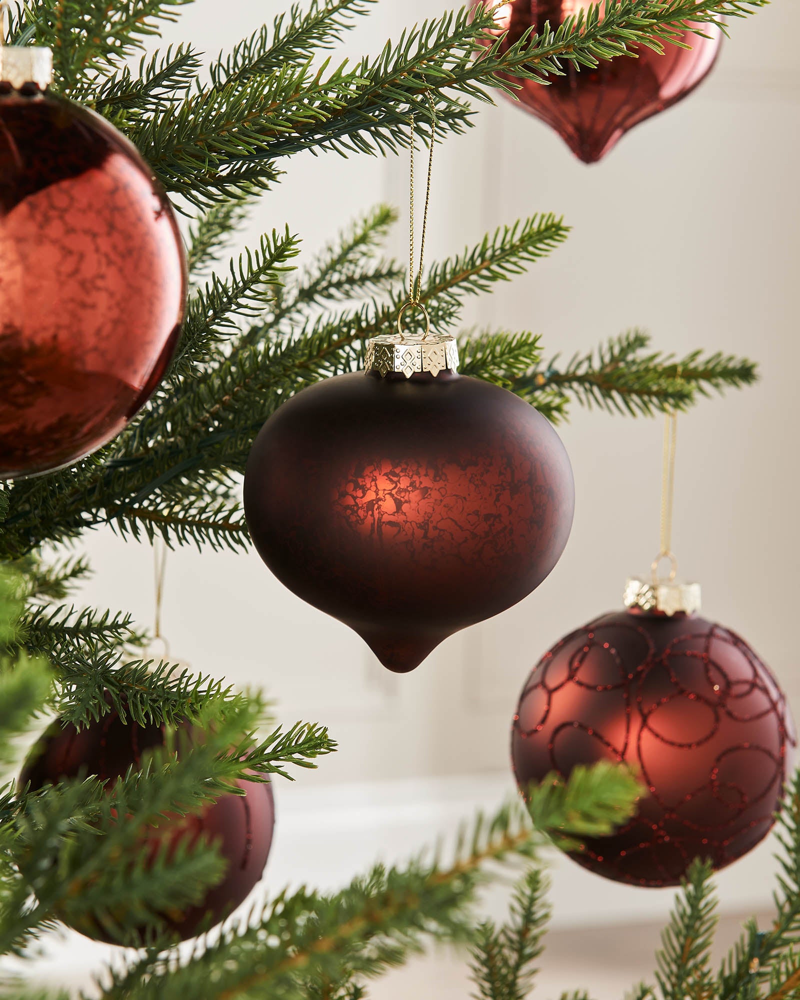 Six Burgundy Glass Baubles, 10 cm