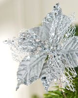 Artificial Silver Poinsettia Flower with Clip, 3 Pack, 12 cm