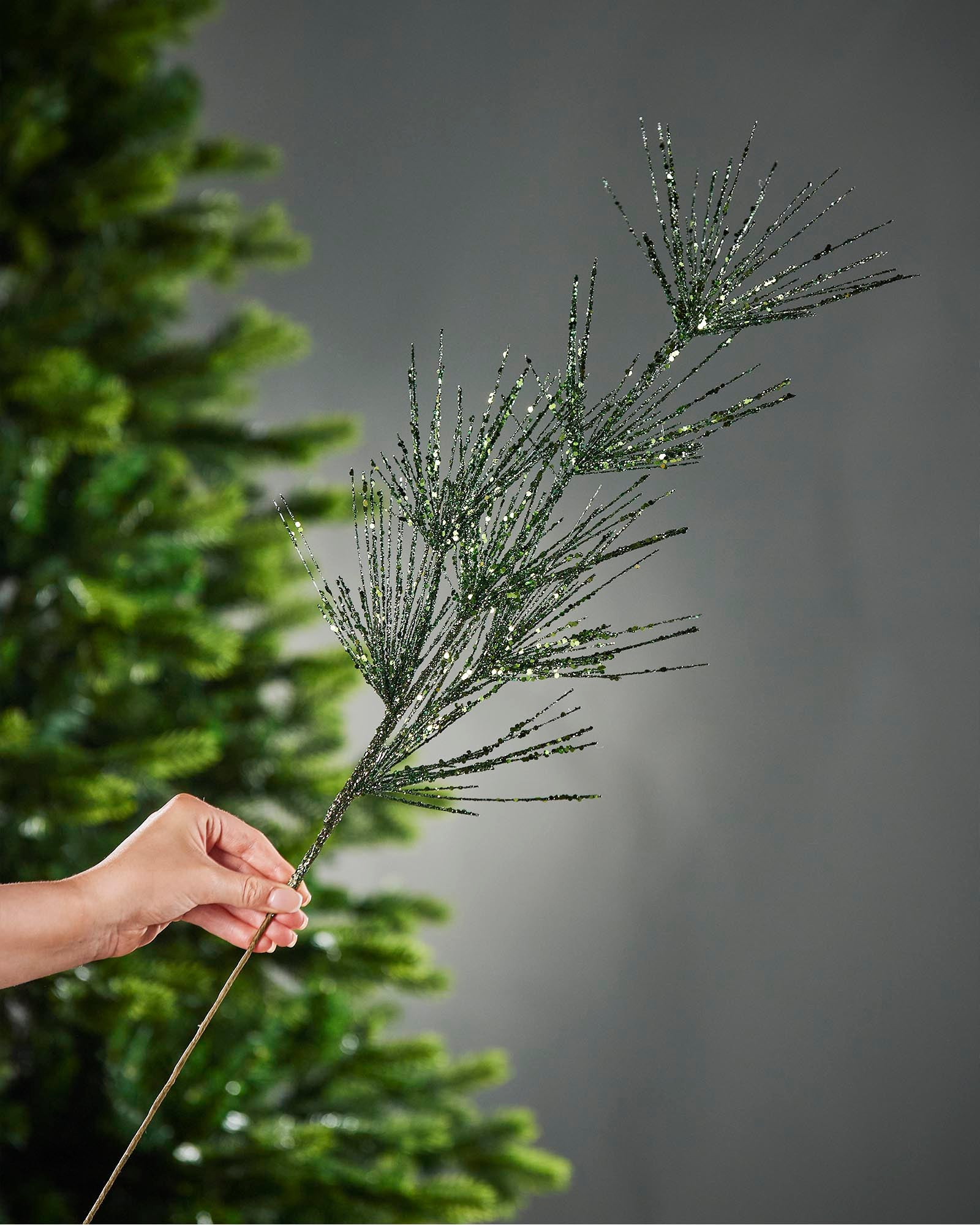 Sage Green Glitter Pine Tree Spray, 74 cm