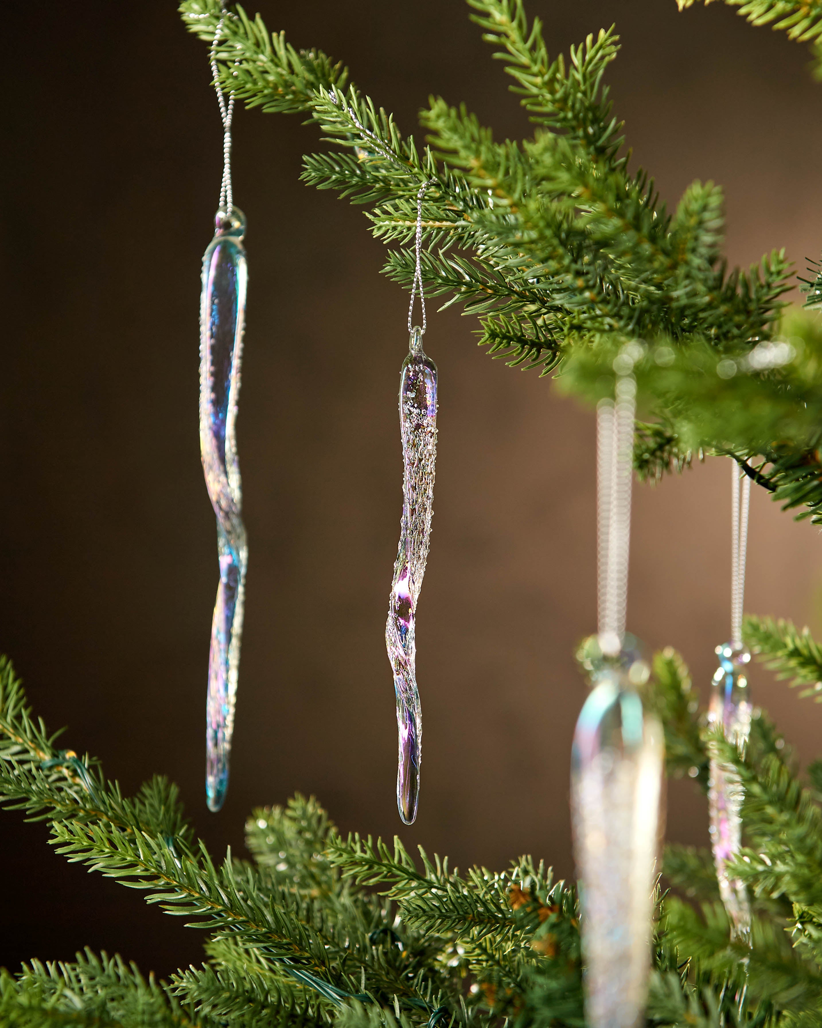 Set of 6 Iridescent Frosted Glass Icicles, 25 cm