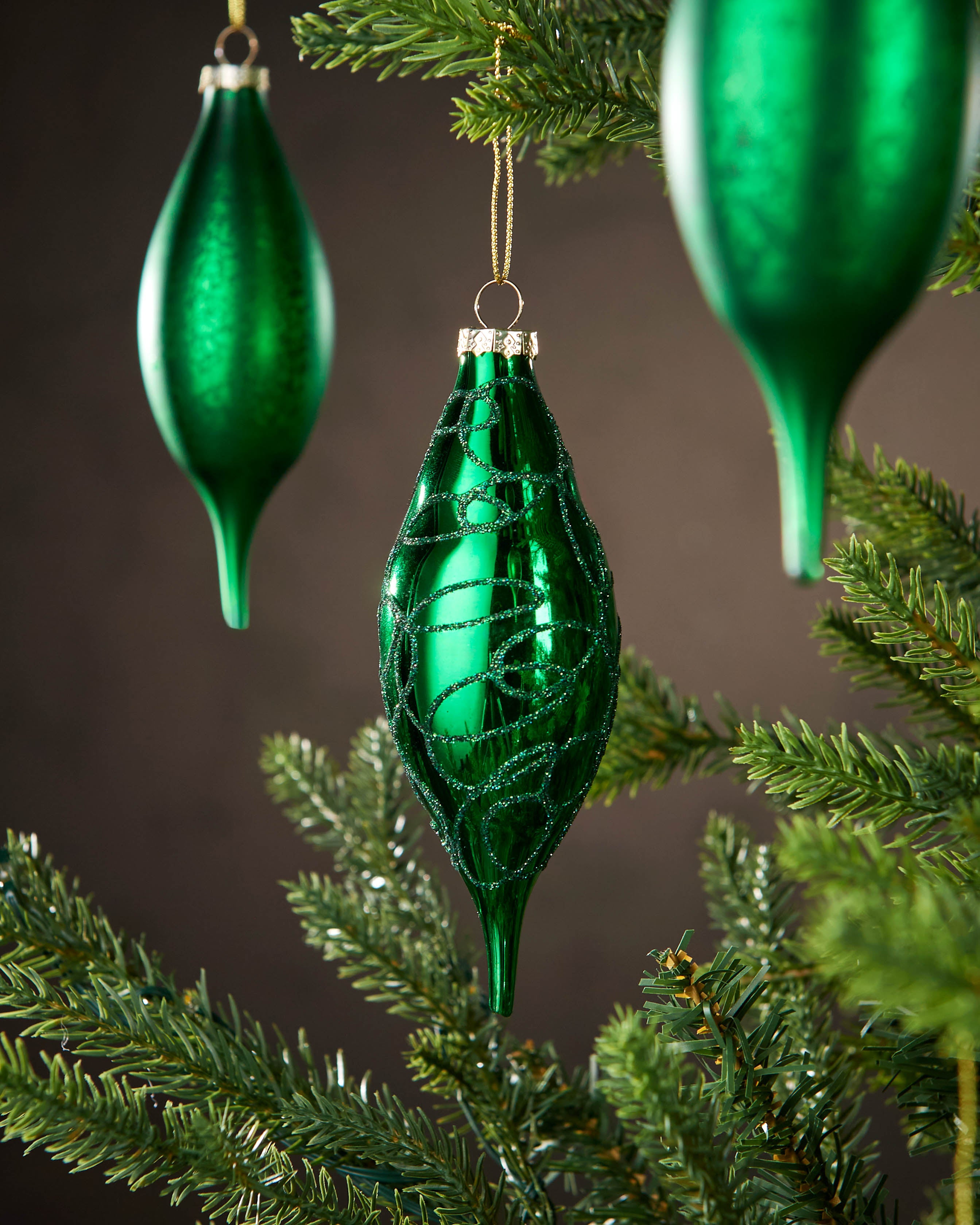 Set of 5 Large Glass Teardrop Baubles, Christmas Green, 15 cm