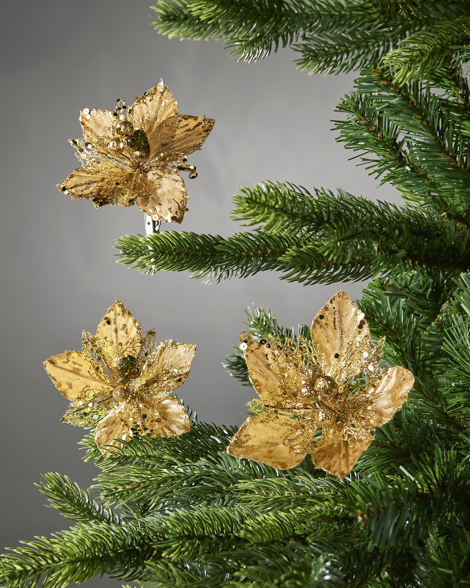 Set of 3 Gold Artificial Poinsettia Flowers with Clip, 12 cm