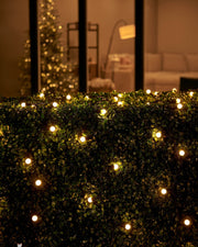 String of warm white LED lights with matte white berry caps, depicting a soft glow amidst green foliage.